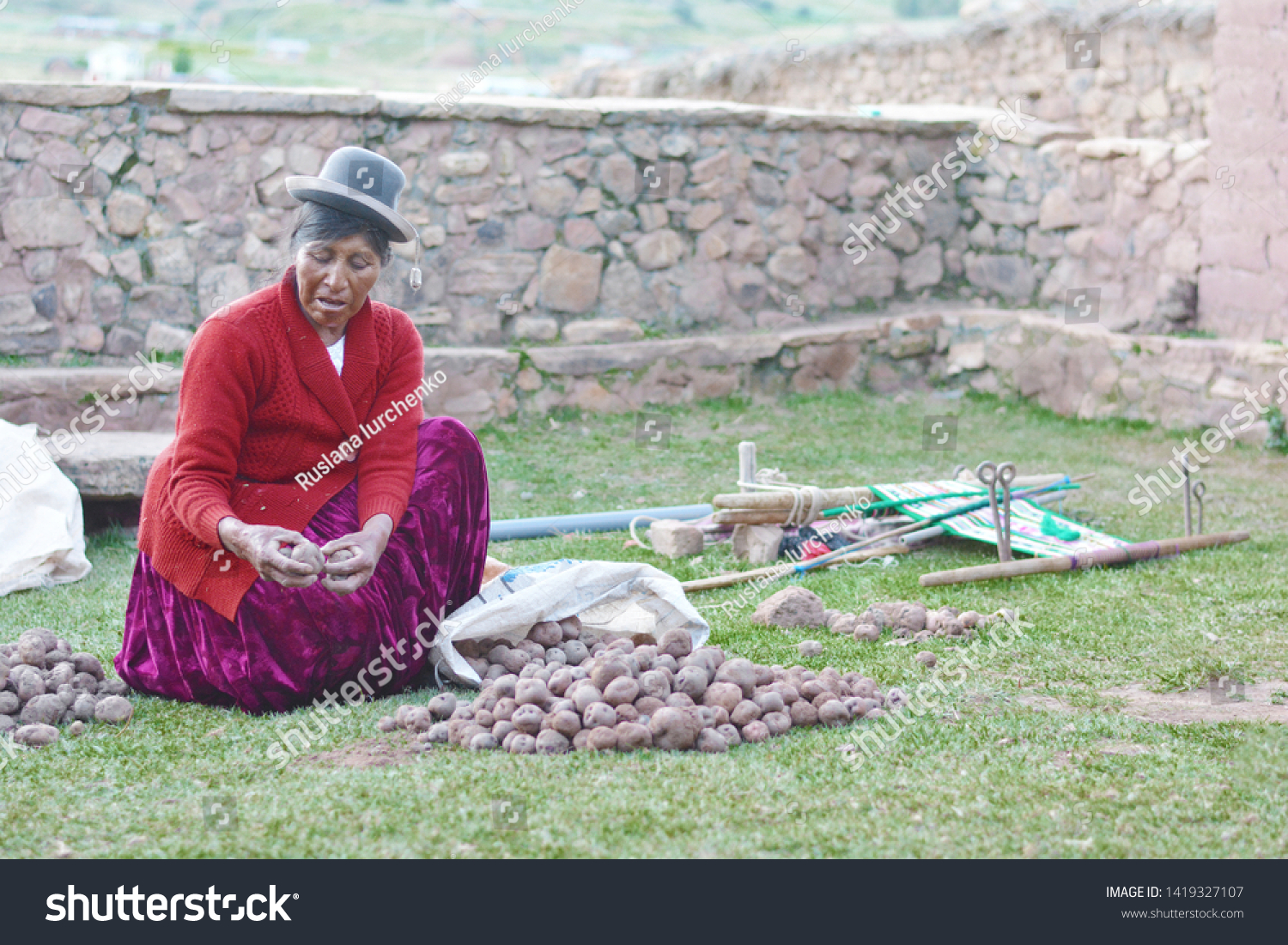 伝統的なアイマラの服を着た老婆は田舎のじゃがいもを使う の写真素材 今すぐ編集