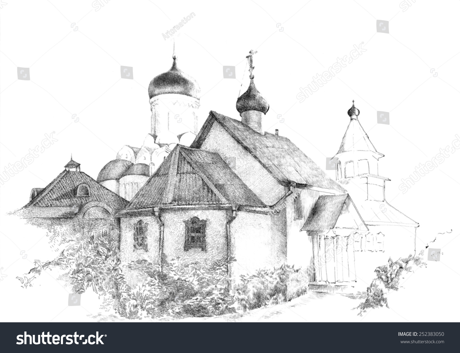 Old Church Pencil Drawing Stock Illustration 252383050 - Shutterstock