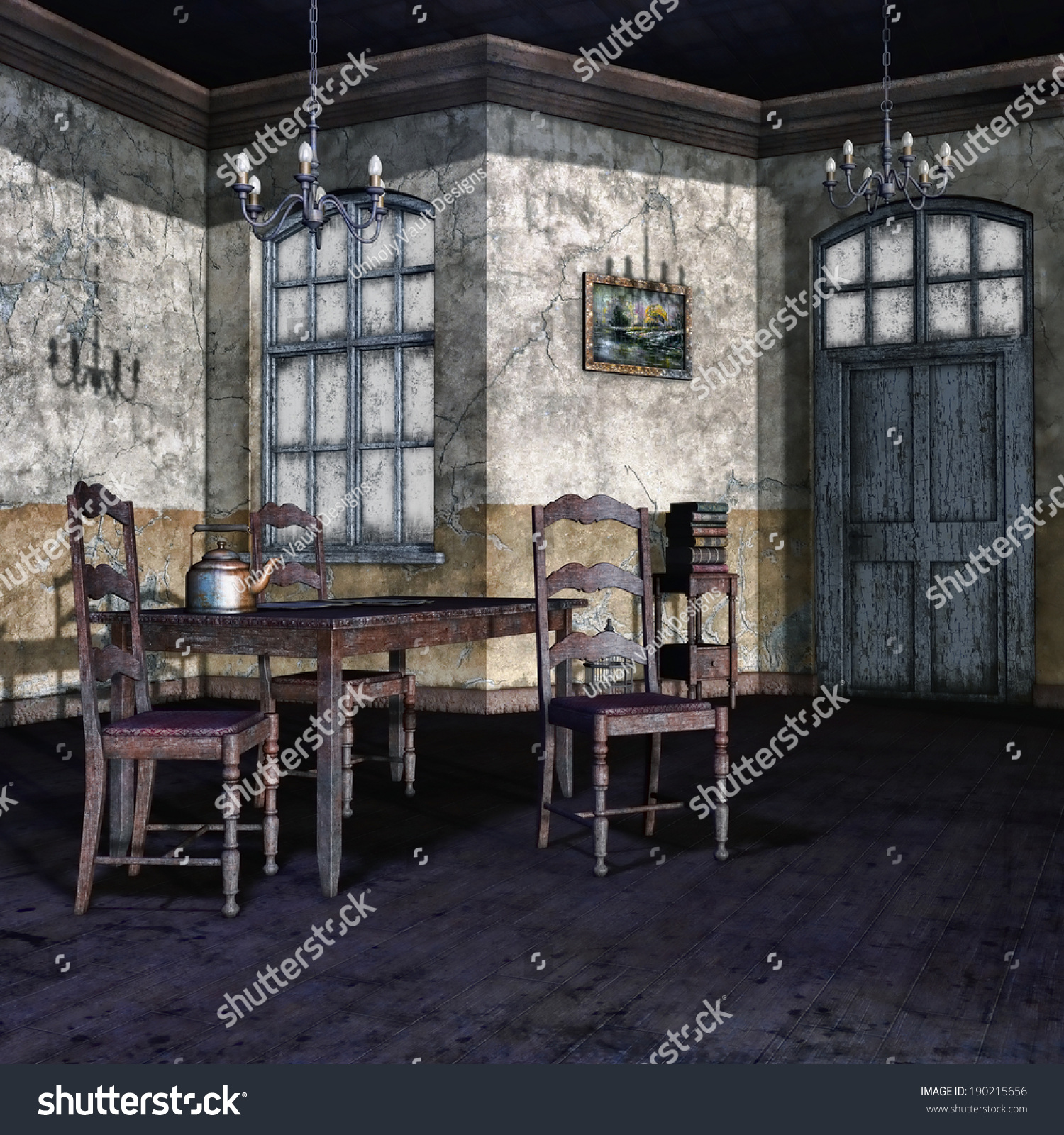 Old Dining Room Table Kettle Chairs Stock Illustration 190215656