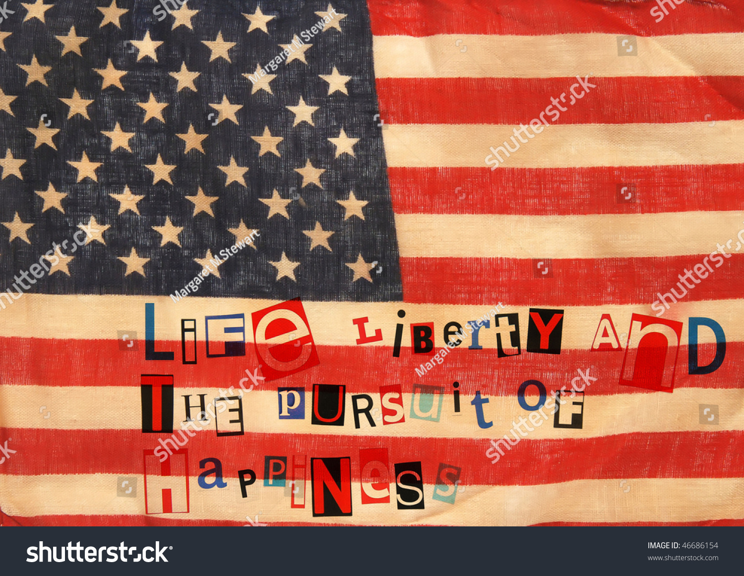 old flag with patriotic overlay "life liberty and the pursuit of happiness"
