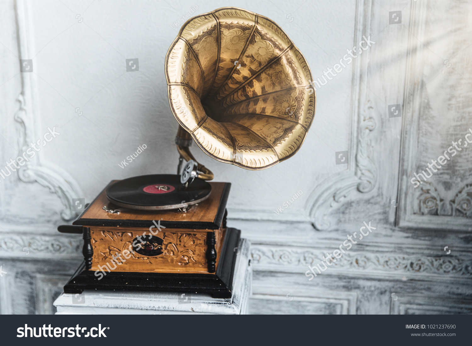 Old Gramophone Horn Speaker Stands Against Stock Photo 1021237690 