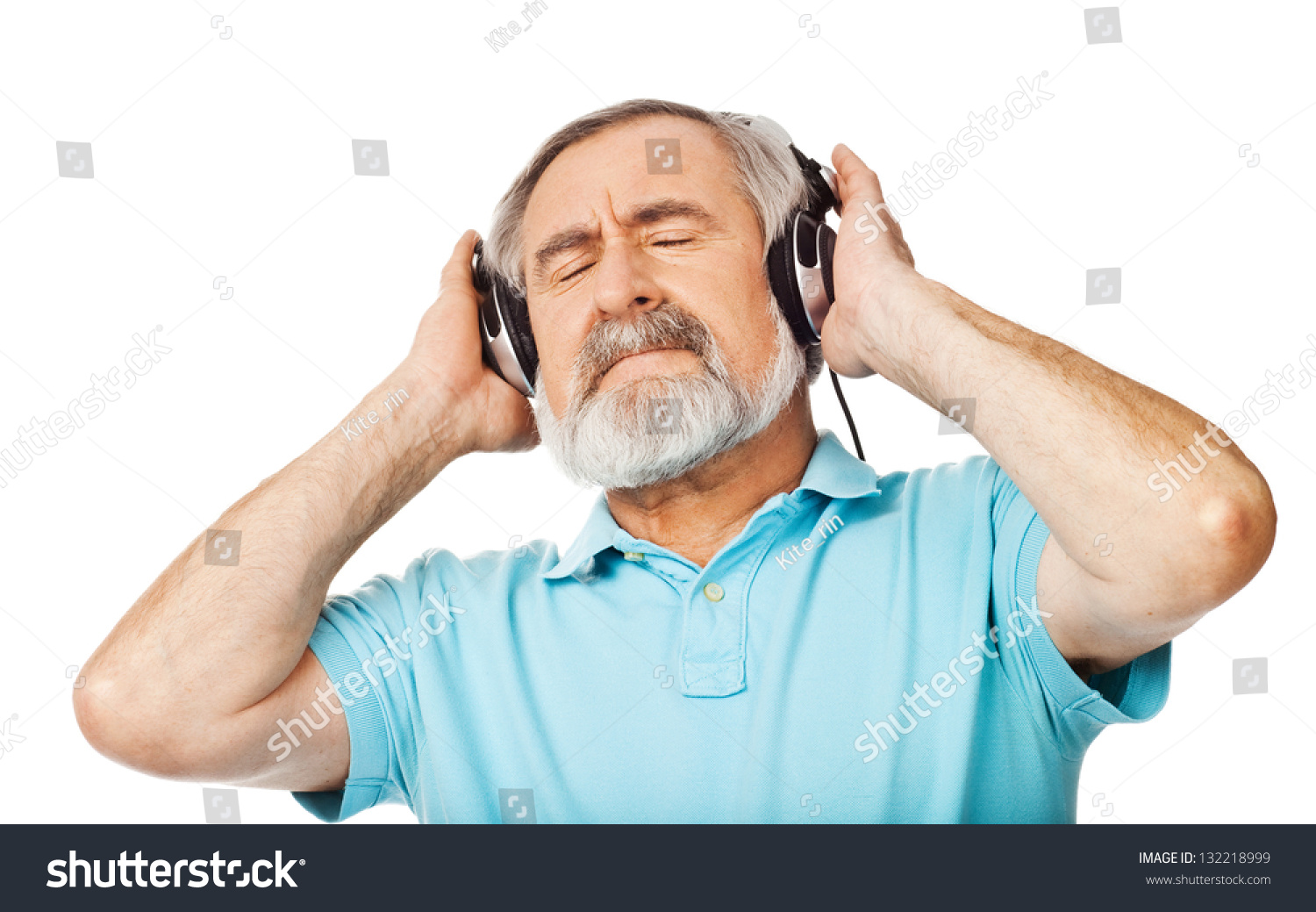old man listening music headphones on stock photo edit now