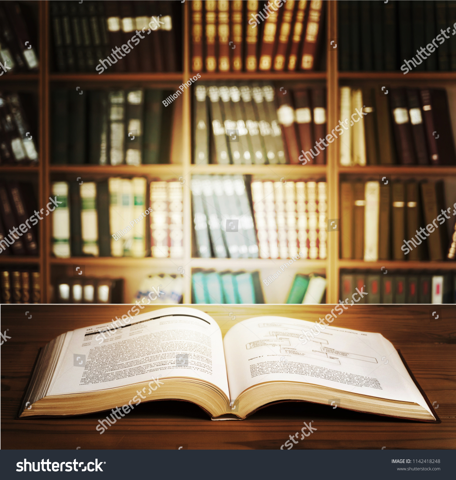 Old Open Book On Bookshelf Background Stock Photo Edit Now