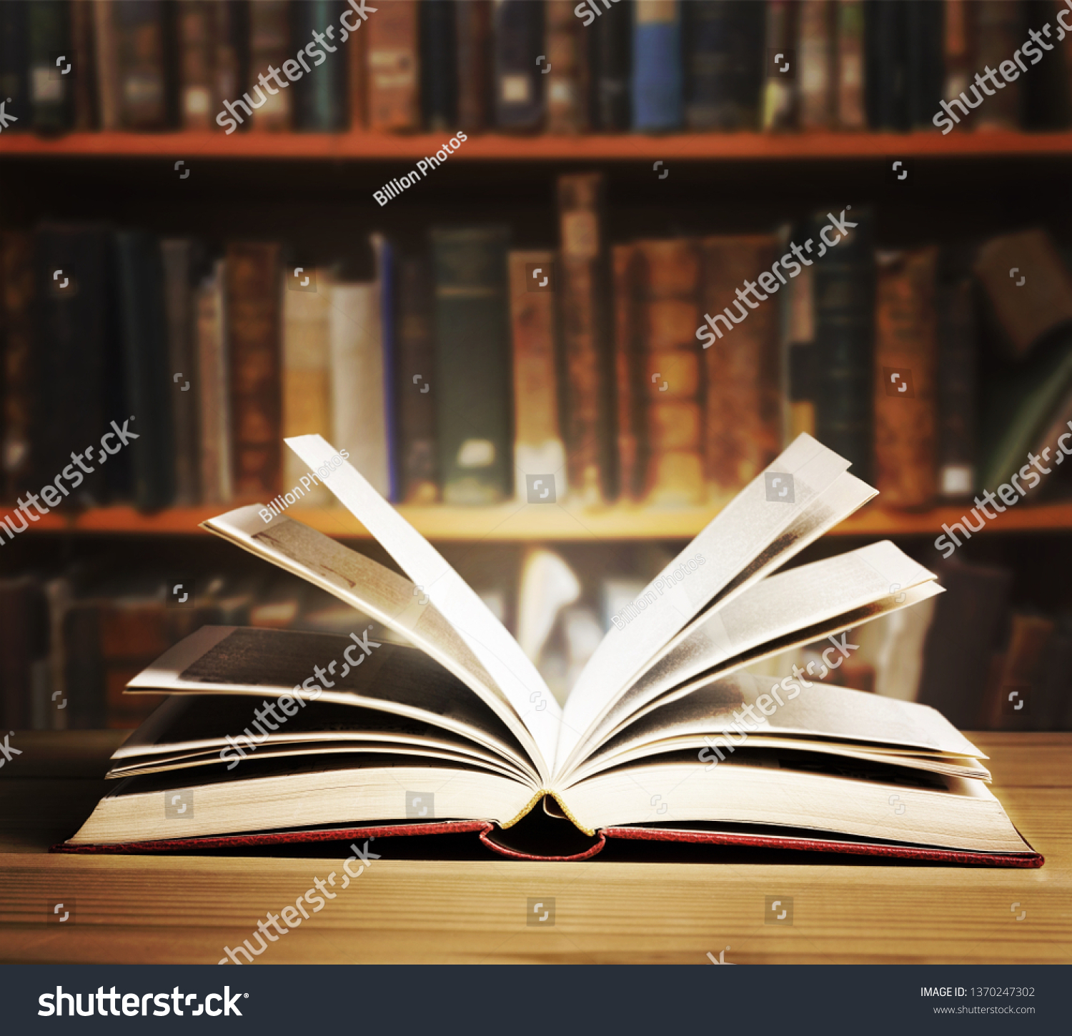 Old Open Book On Bookshelf Background Stock Photo Edit Now