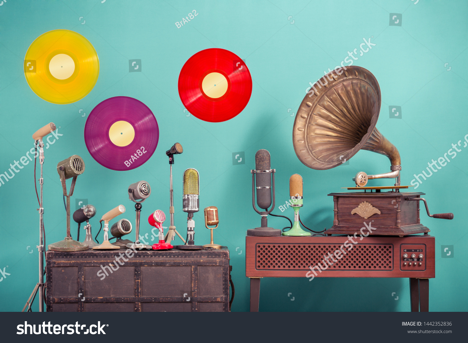 21 122 Gramophone Vintage Stock Photos Images Photography Shutterstock   Stock Photo Old Retro Microphones Antique Gramophone Phonograph Turntable With Brass Horn Flying Multicolor 1442352836 