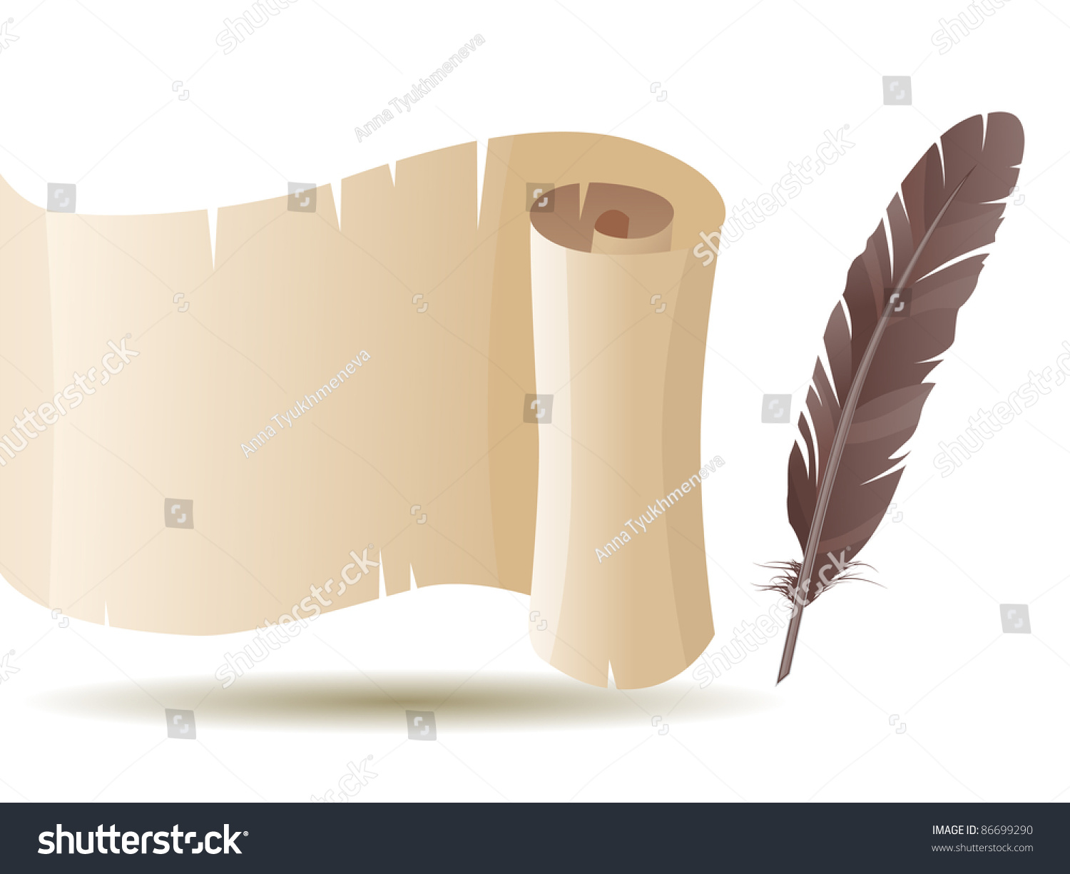 Old Scroll Feather Isolated On White Stock Illustration 86699290