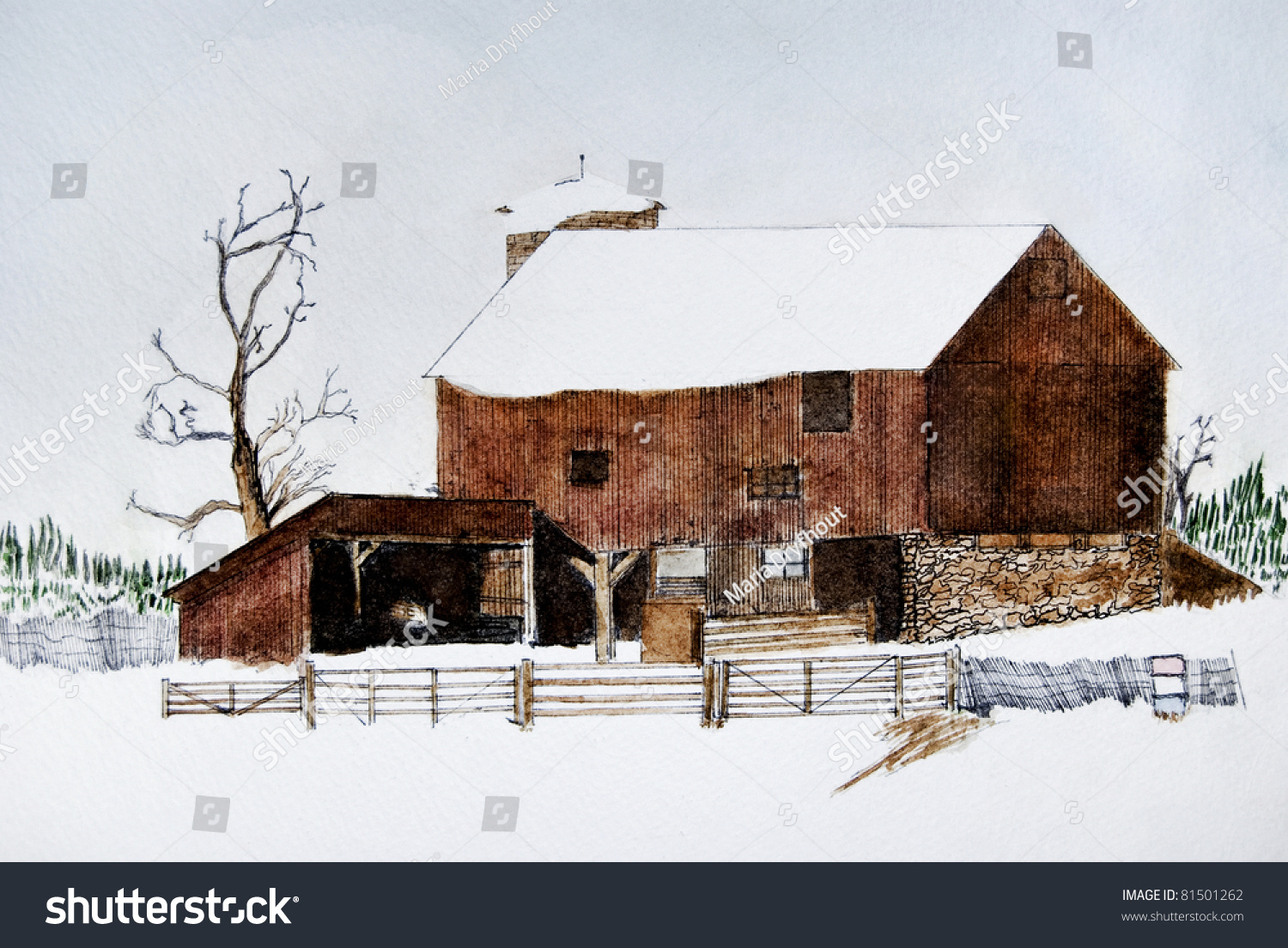 Old Winter Barn Watercolors Stock Photo 81501262 Shutterstock   Stock Photo Old Winter Barn In Watercolors 81501262 