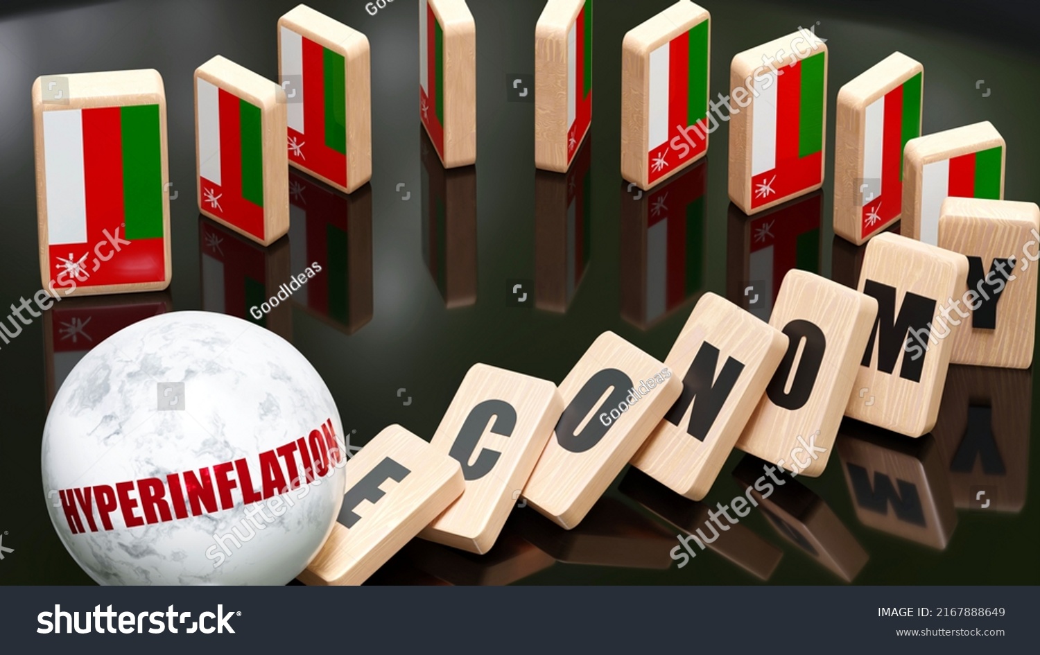 Oman Hyperinflation Economy Domino Effect Chain Stock Illustration