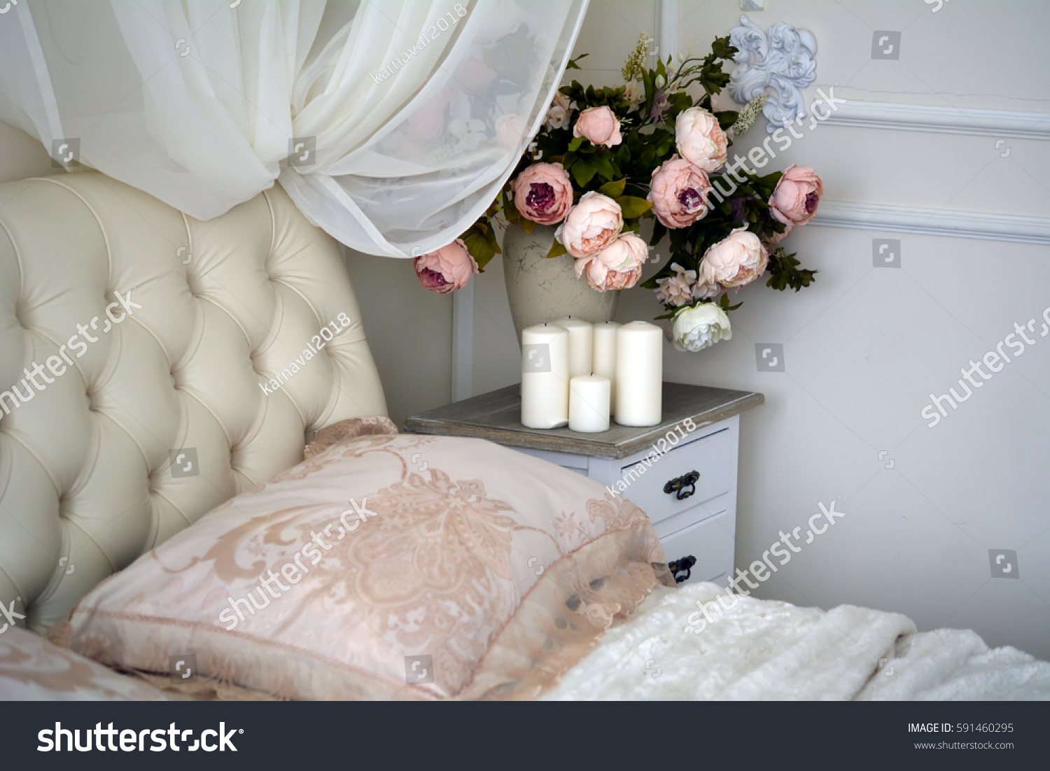 On Nightstand Beside Bed Vase Flowers Stock Photo Edit Now 591460295