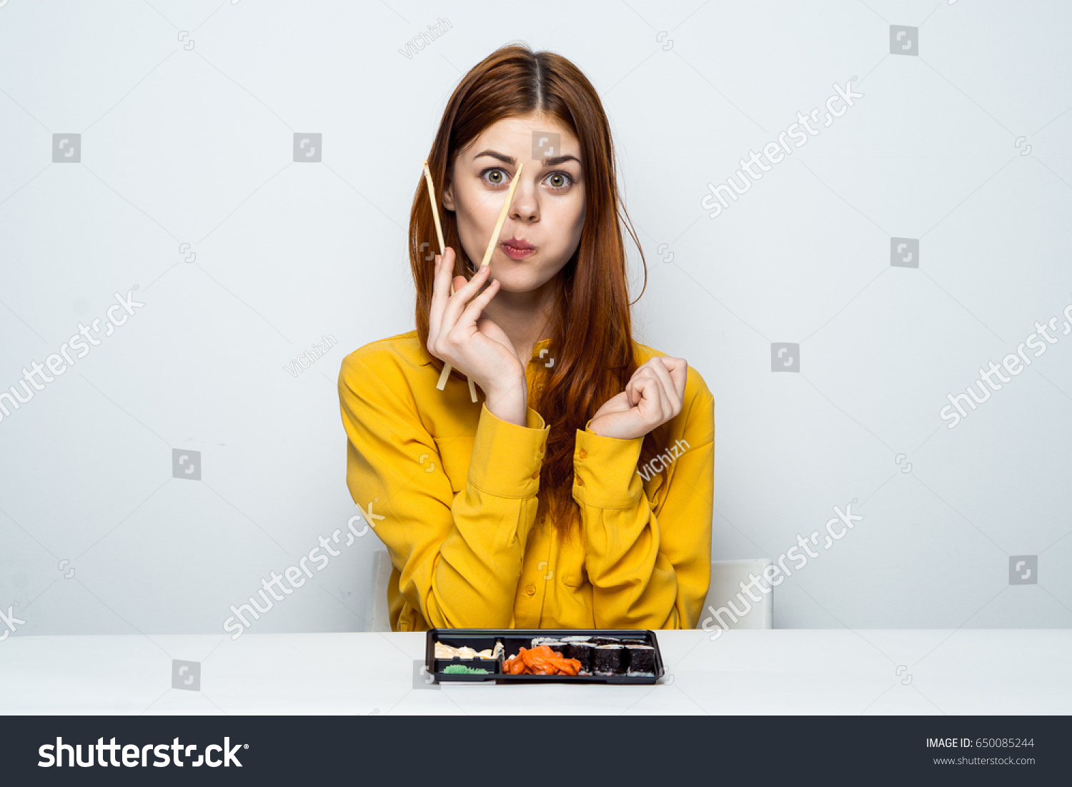 On Table Sushi Woman Eating Sushi Stock Photo 650085244 | Shutterstock