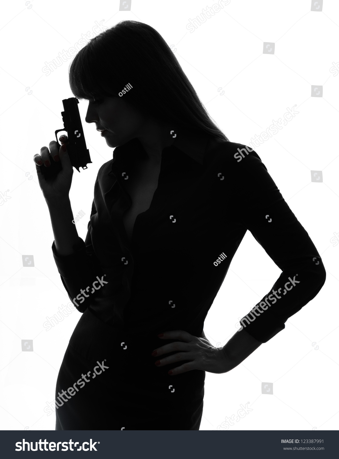 One Caucasian Sexy Detective Woman Holding Aiming Gun In Silhouette ...