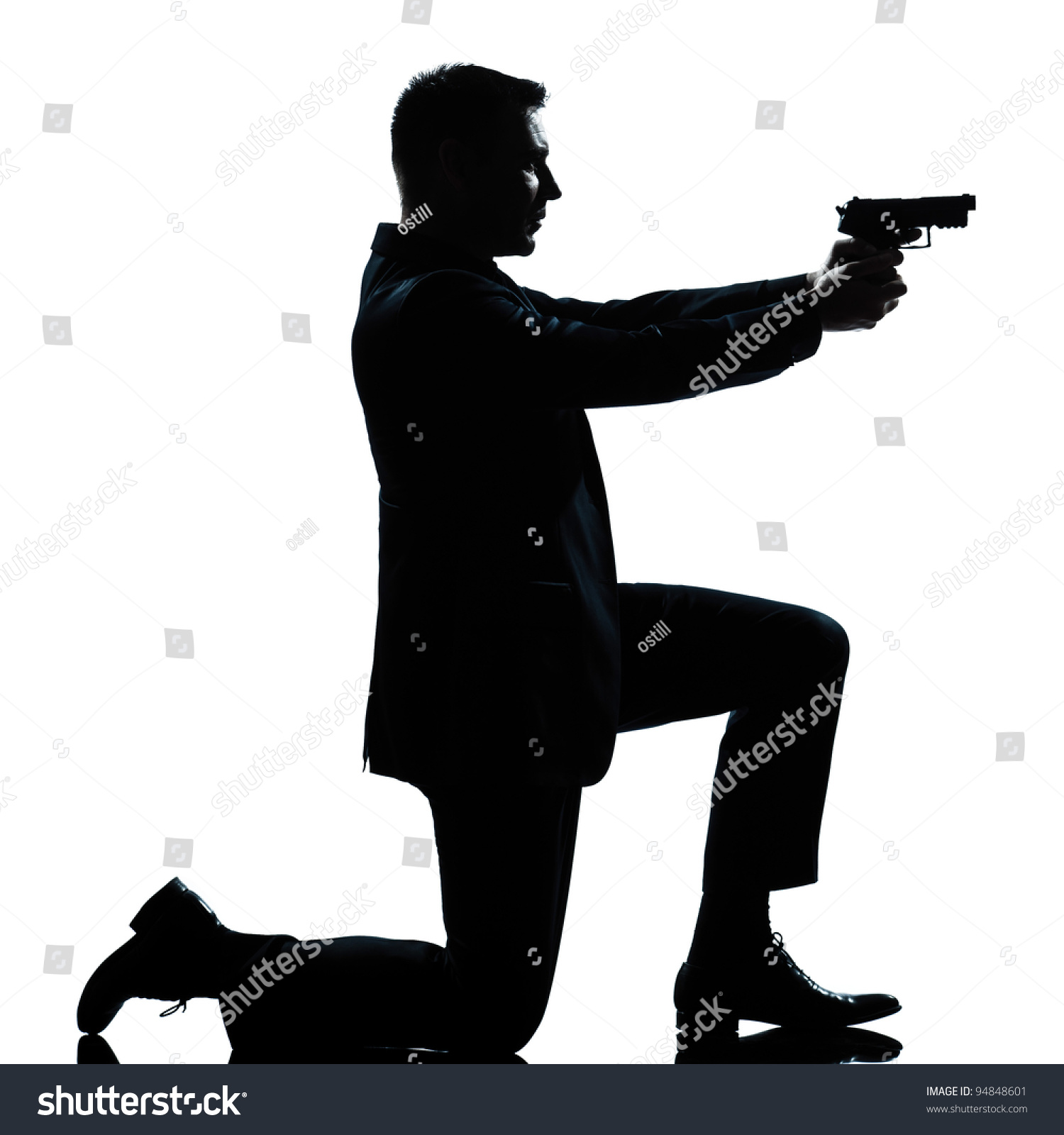 One Caucasian Spy Criminal Policeman Detective Man Aiming Shooting Gun ...