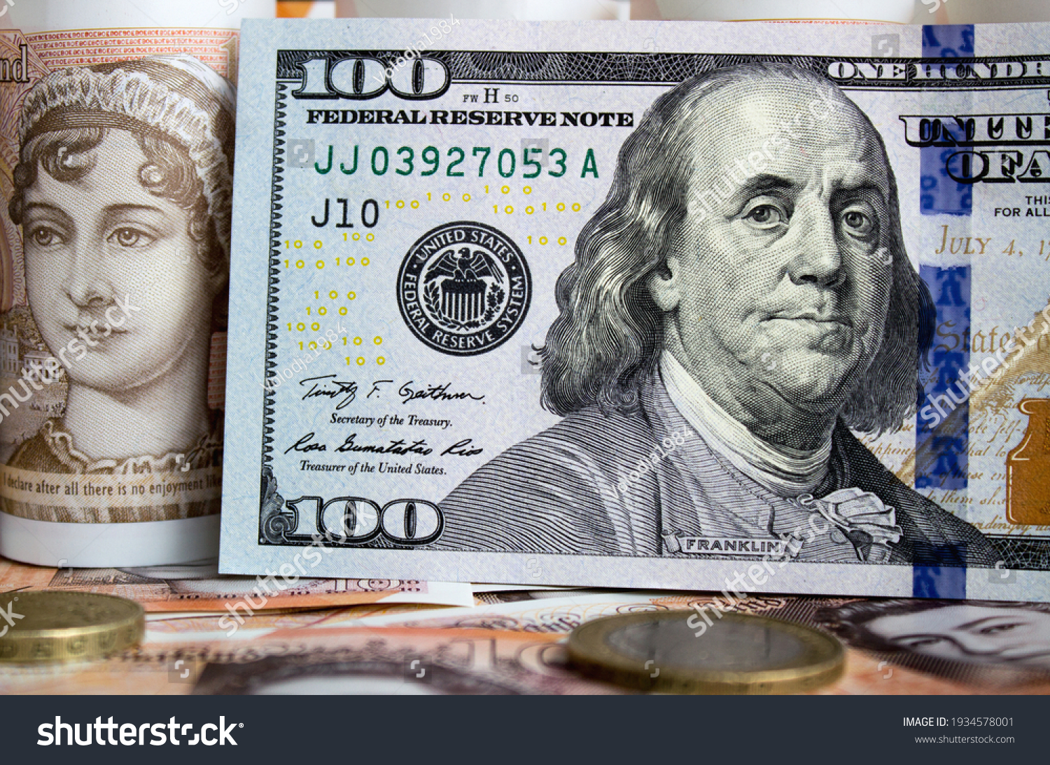 One Hundred Us Dollars Ten British Stock Photo Edit Now 1934578001