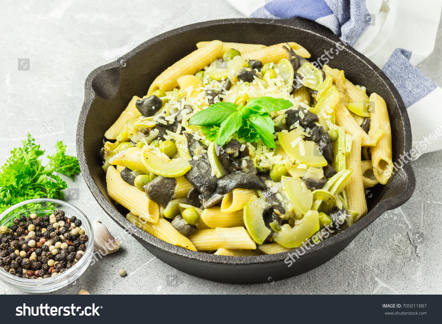 One Pot Zucchini Mushroom Garlic Pasta Stock Photo Edit Now 705011887