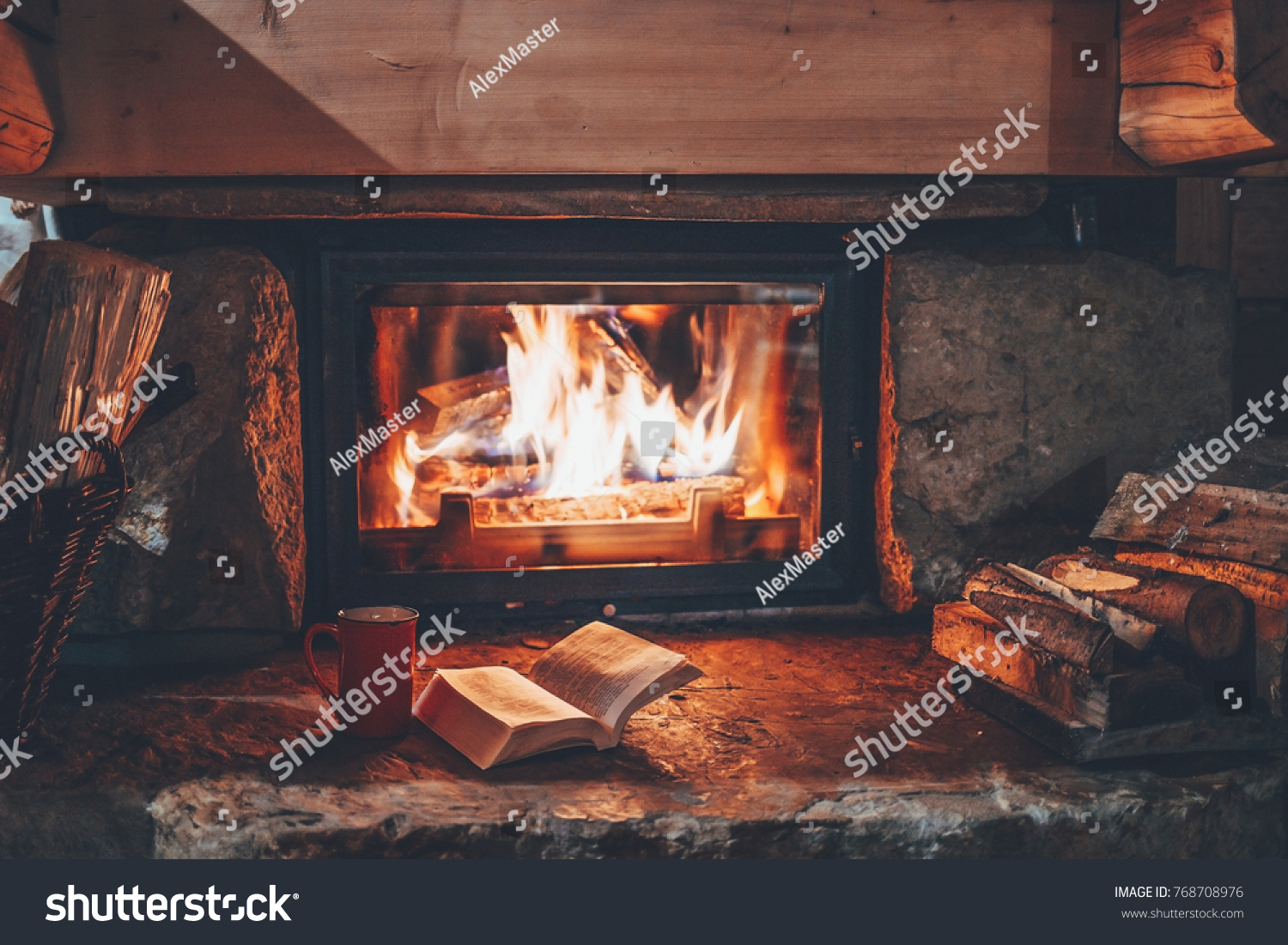 Open Book By Fireplace Christmas Ornaments Stock Photo Edit Now
