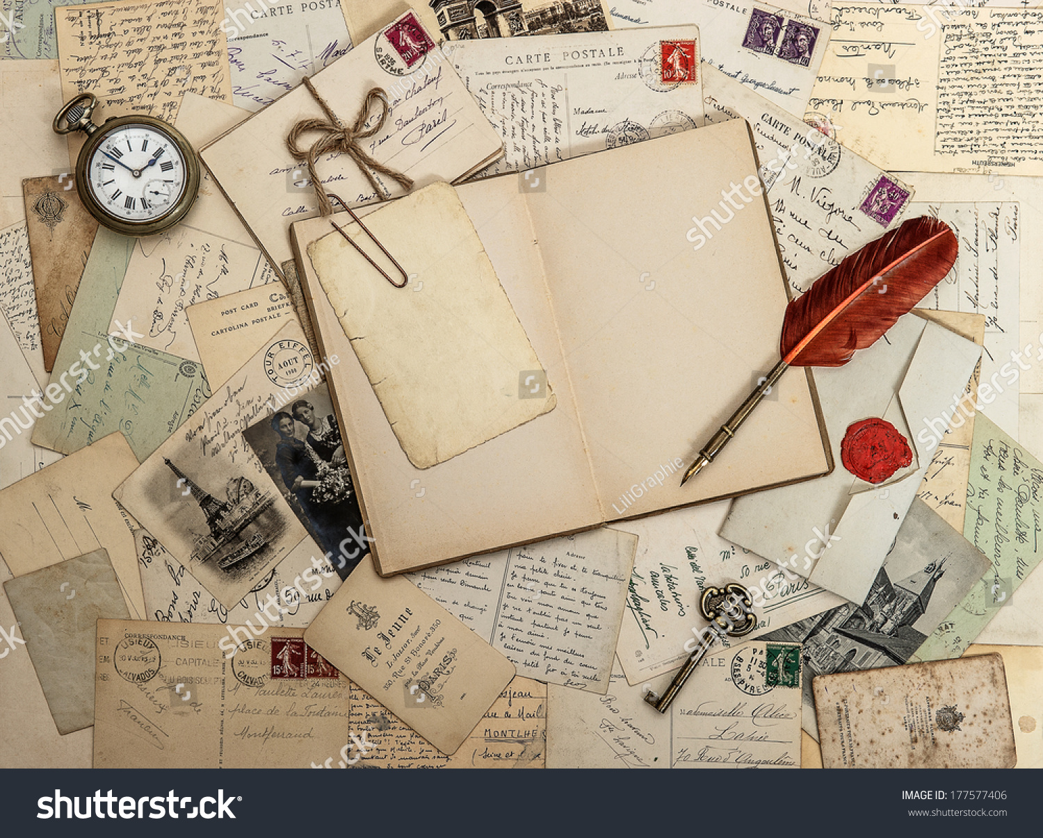 Open Diary Book Old Accessories Postcards Stock Photo 177577406 ...