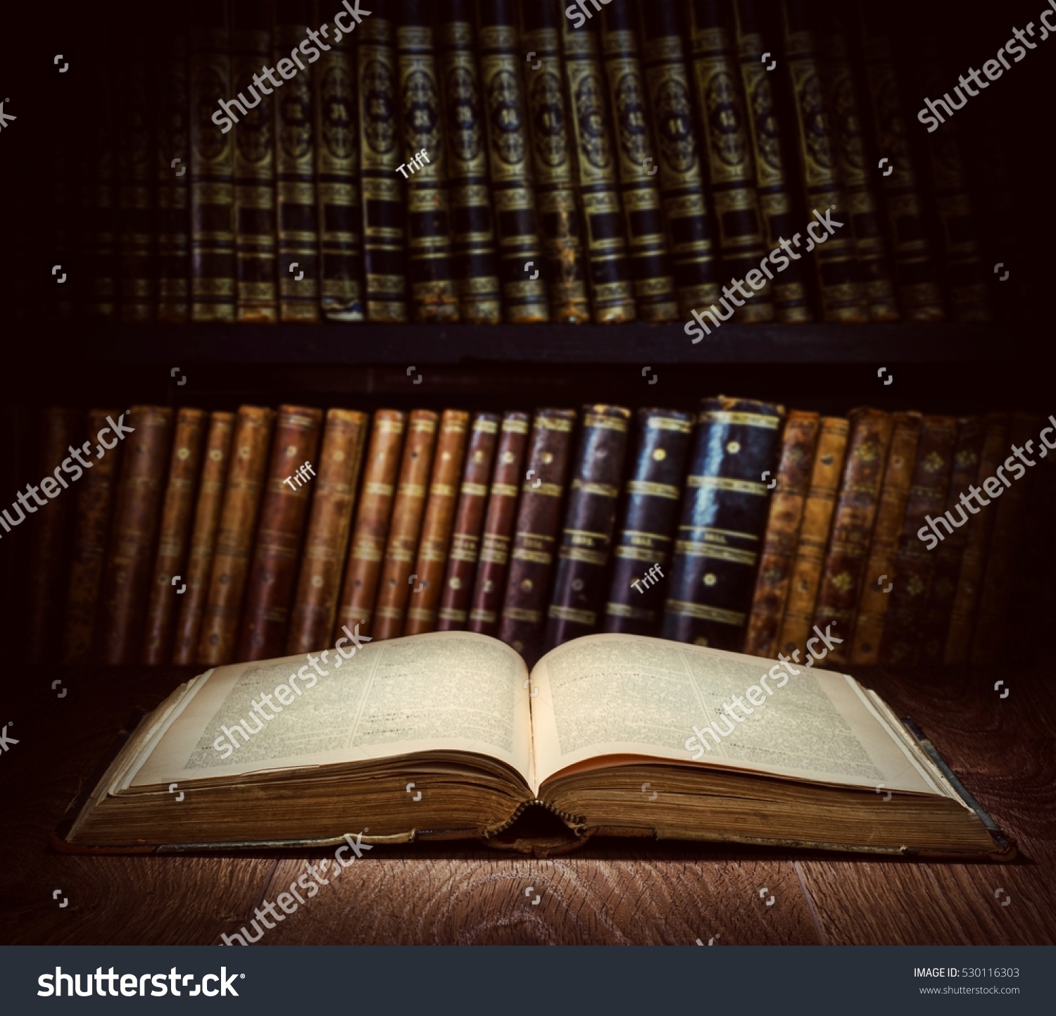 Open Old Book On Bookshelf Background Stock Photo 530116303 Shutterstock