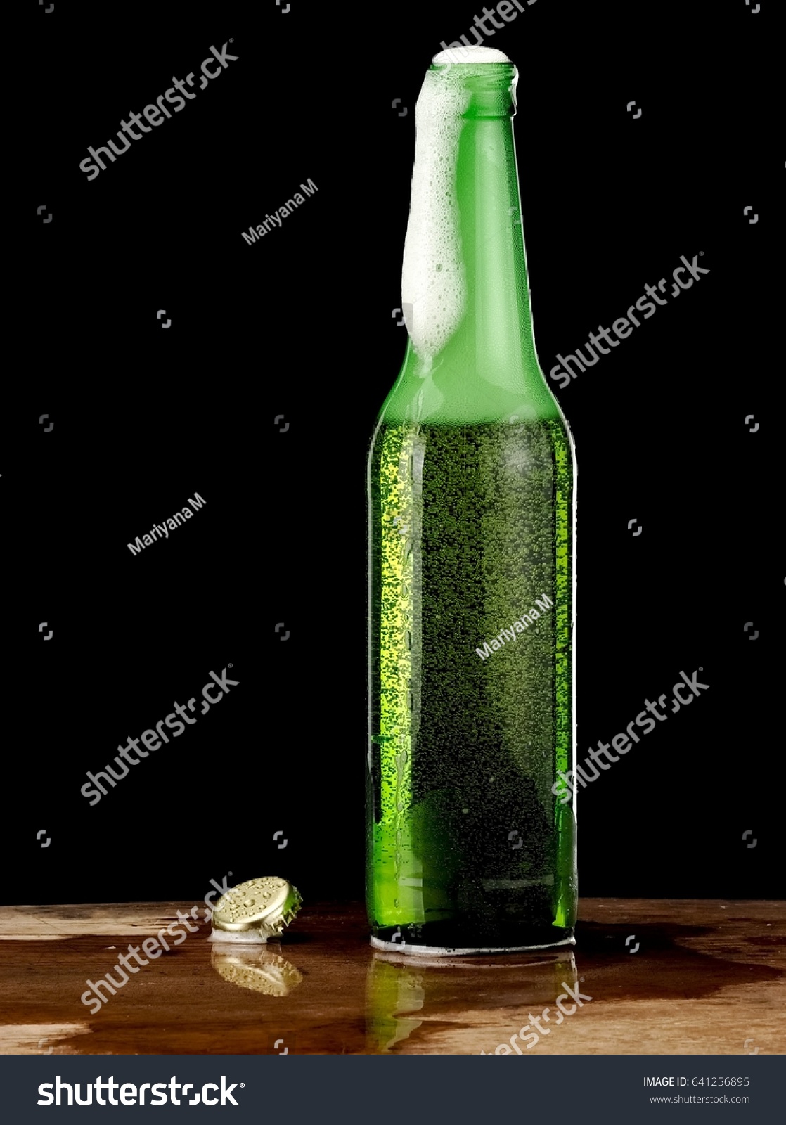 Opened Green Beer Bottle Bubbles Foam Food And Drink Stock Image 641256895