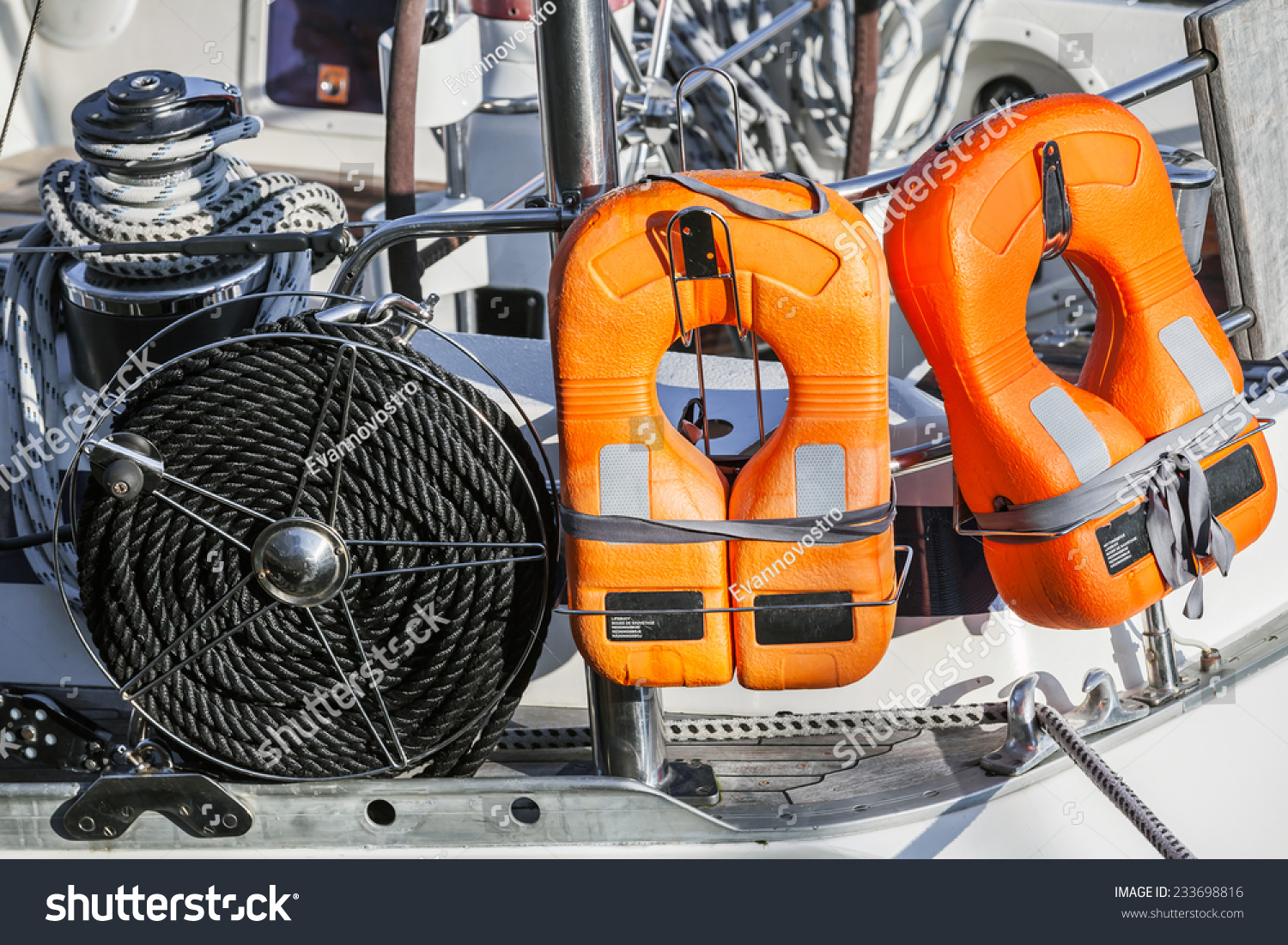 Boat Safety Equipment Images Stock Photos Vectors Shutterstock   Stock Photo Orange Lifebuoys And Black Rope Safety Equipment Of Modern Yacht 233698816 