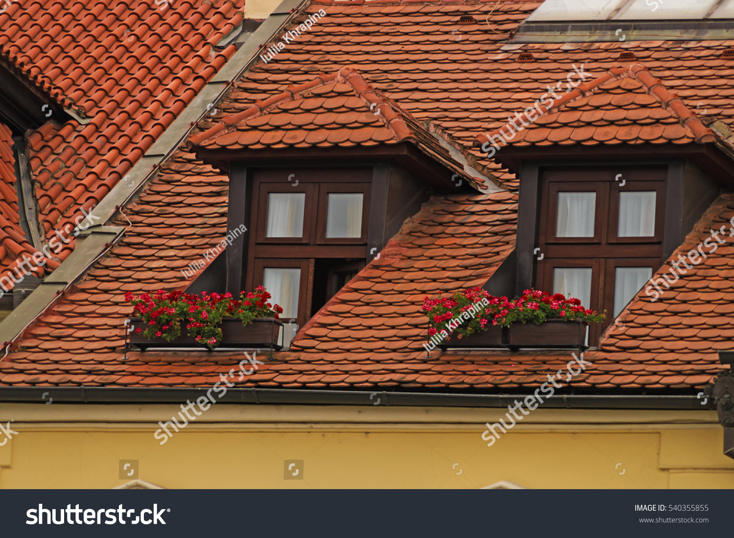 Orange Tile Roof Two Windows Flowers Stock Photo 540355855 
