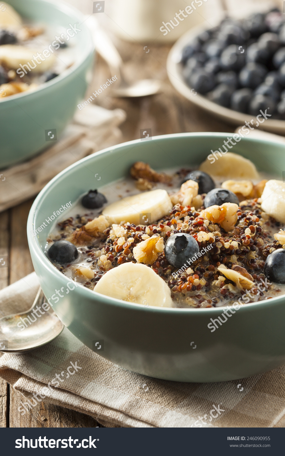  Organic Breakfast  Quinoa Nuts Milk Berries Stock Photo 