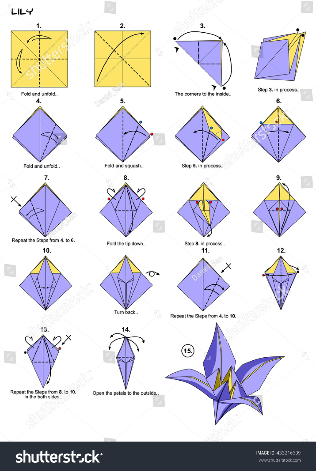 Origami Flower Lily Instructions Steps Stock Illustration 433216609 Shutterstock