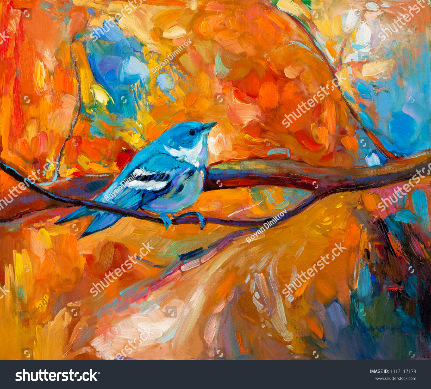 Original Oil Painting Blue Cerulean Warbler Stock Illustration