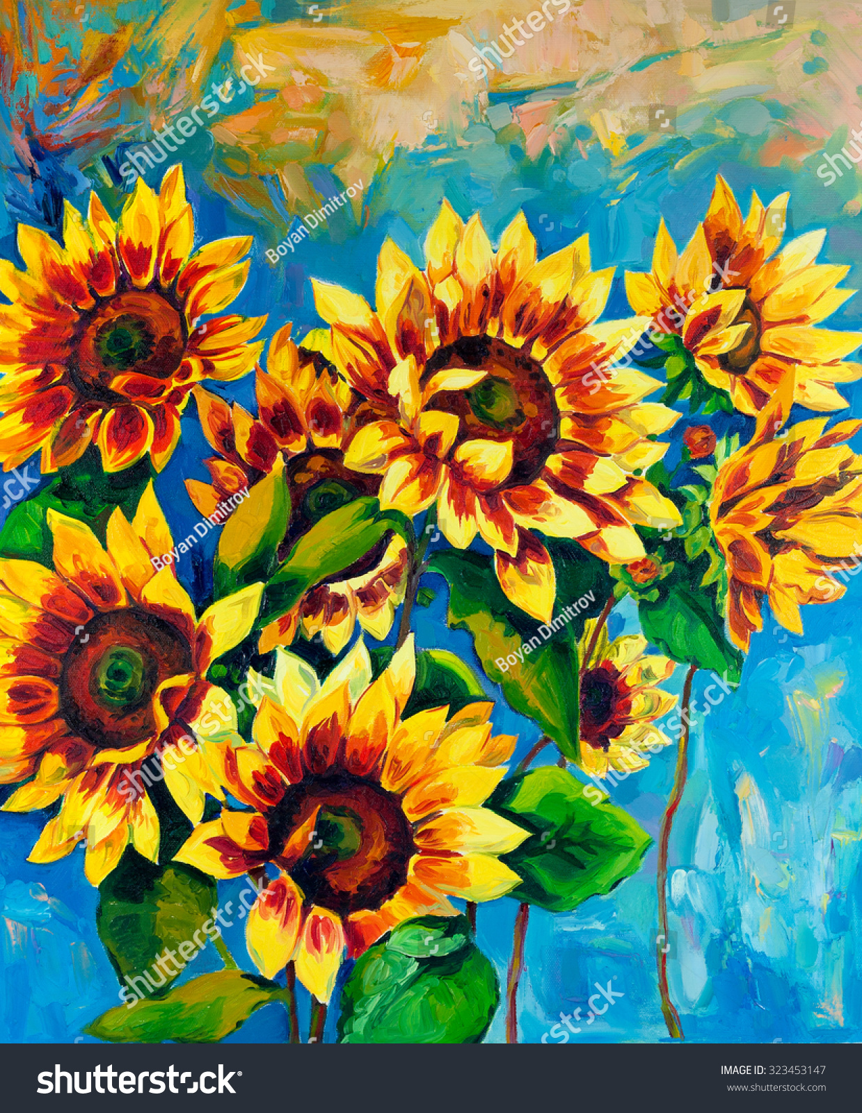 Original Oil Painting Of Sunflowers On Canvas.Modern Impressionism ...