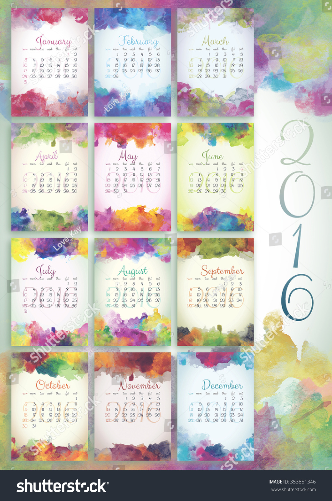 Original Watercolor Calendar With Beautiful Colorful Watercolor ...