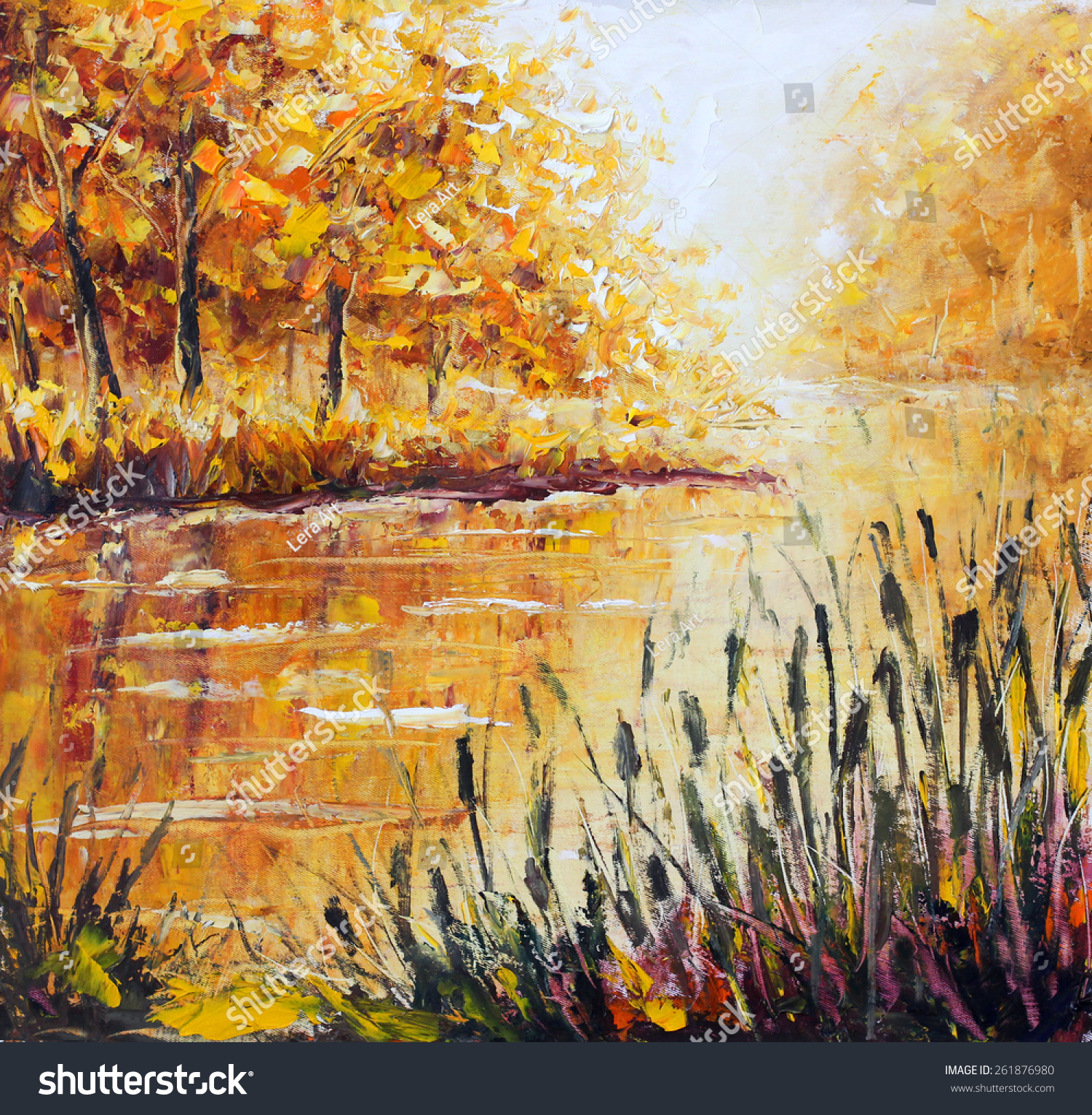 Original Yellow Oil Painting Autumn Island Seascape, Beautiful Autumn ...