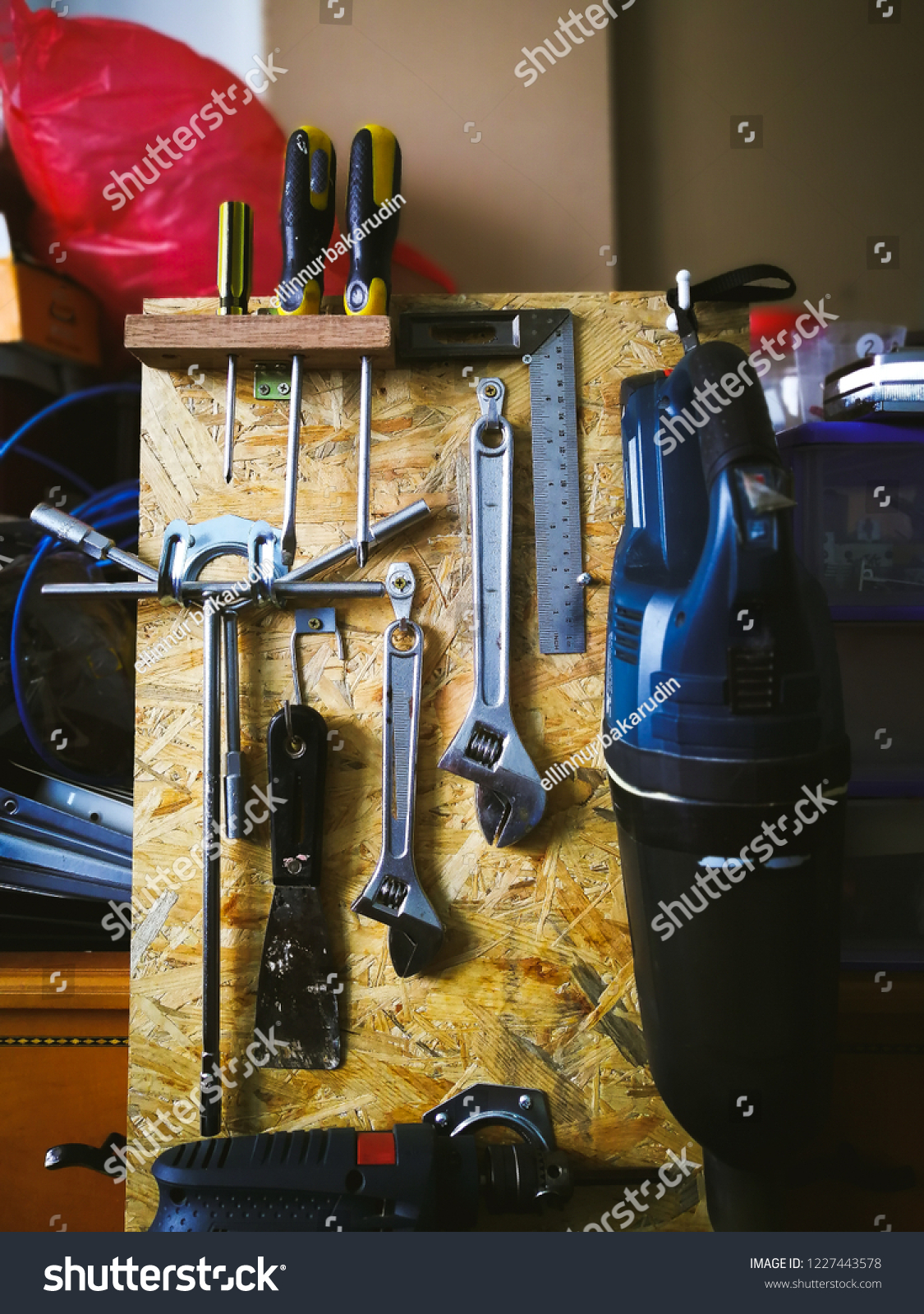 Osb Board Wooden Tool Cabinet Filled Stock Photo Edit Now 1227443578