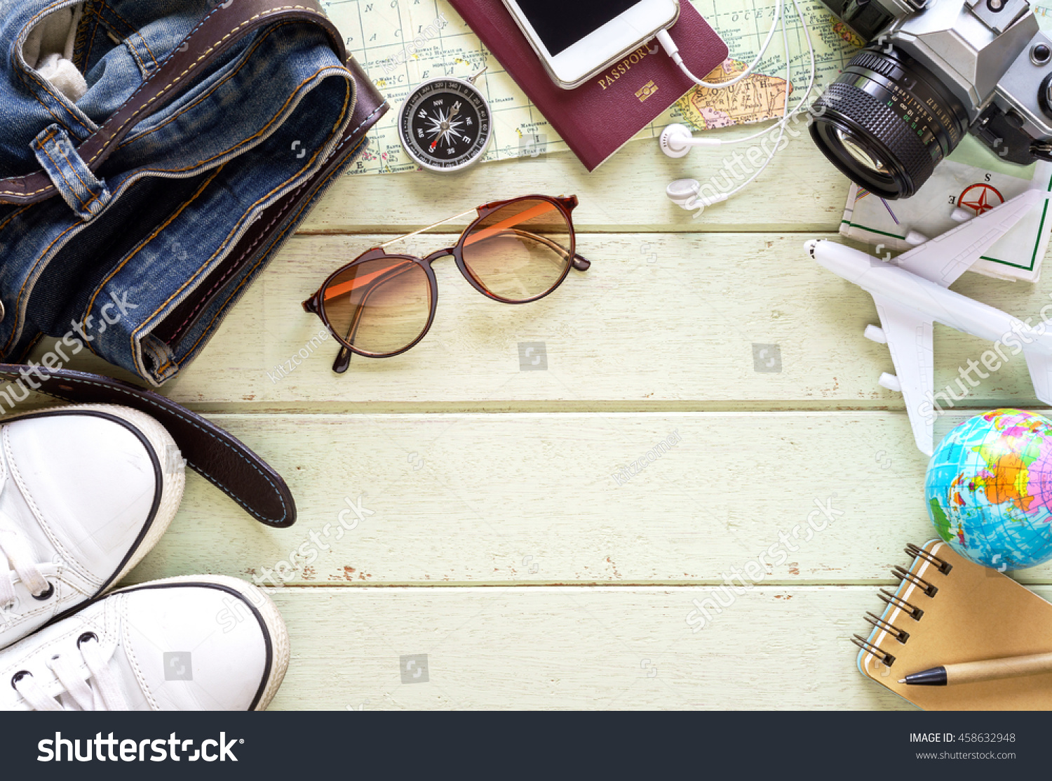 Outfits And Accessories Of Traveler On Green Background With Copy Space ...