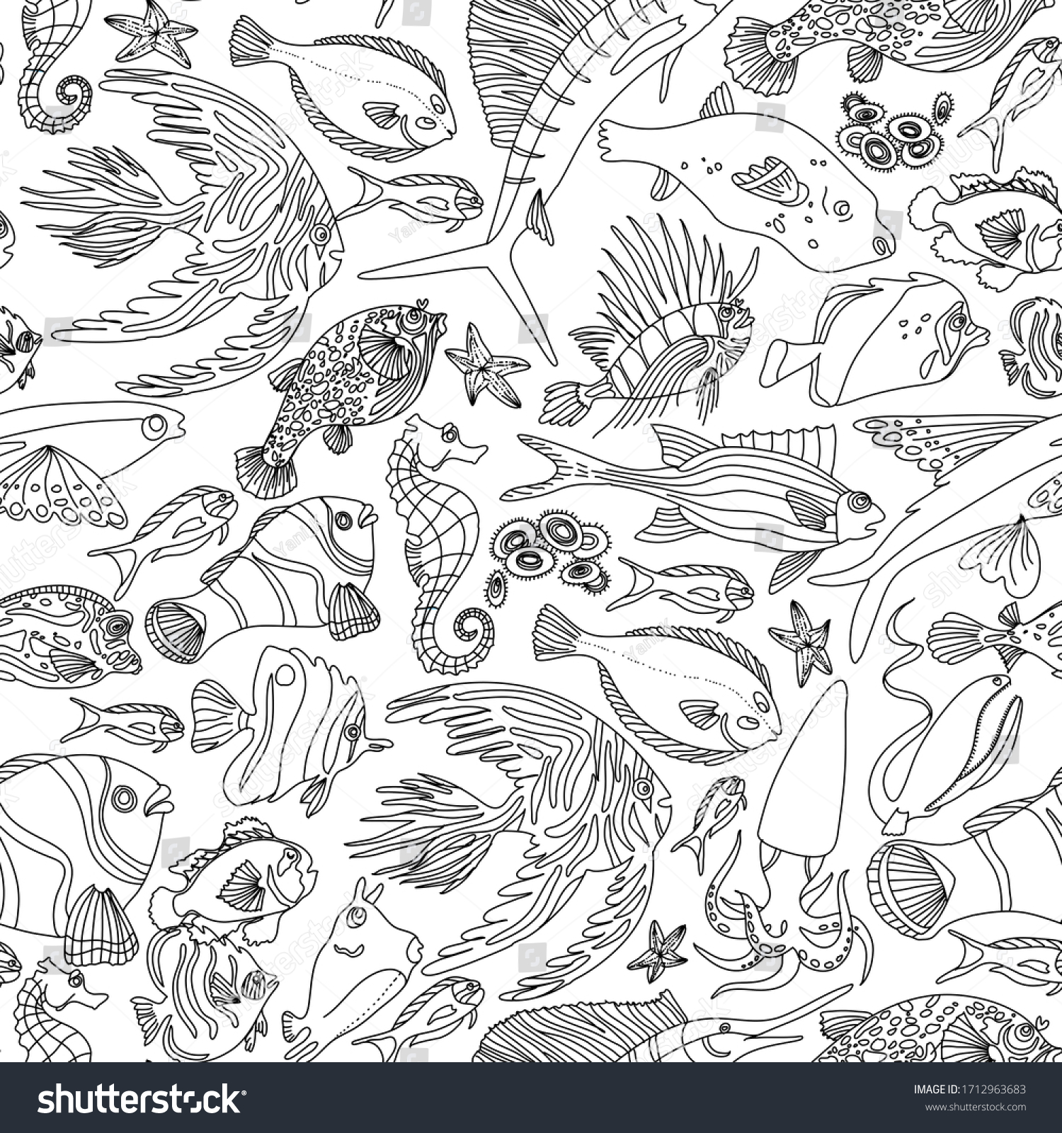 魚の輪郭 白い背景に リアルな海魚の様式化 野だの魚 鮭 蝶魚 装飾的な落書き風 水中の住民は左から右へ泳ぐ のイラスト素材
