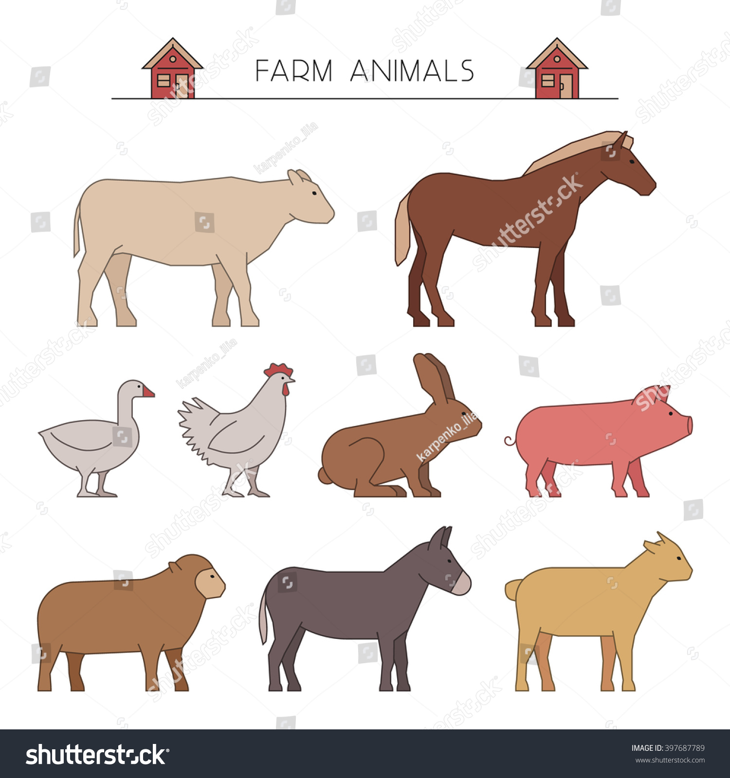 Outline Set Of Farm Animals. Linear Silhouettes Farm Animals Isolated ...