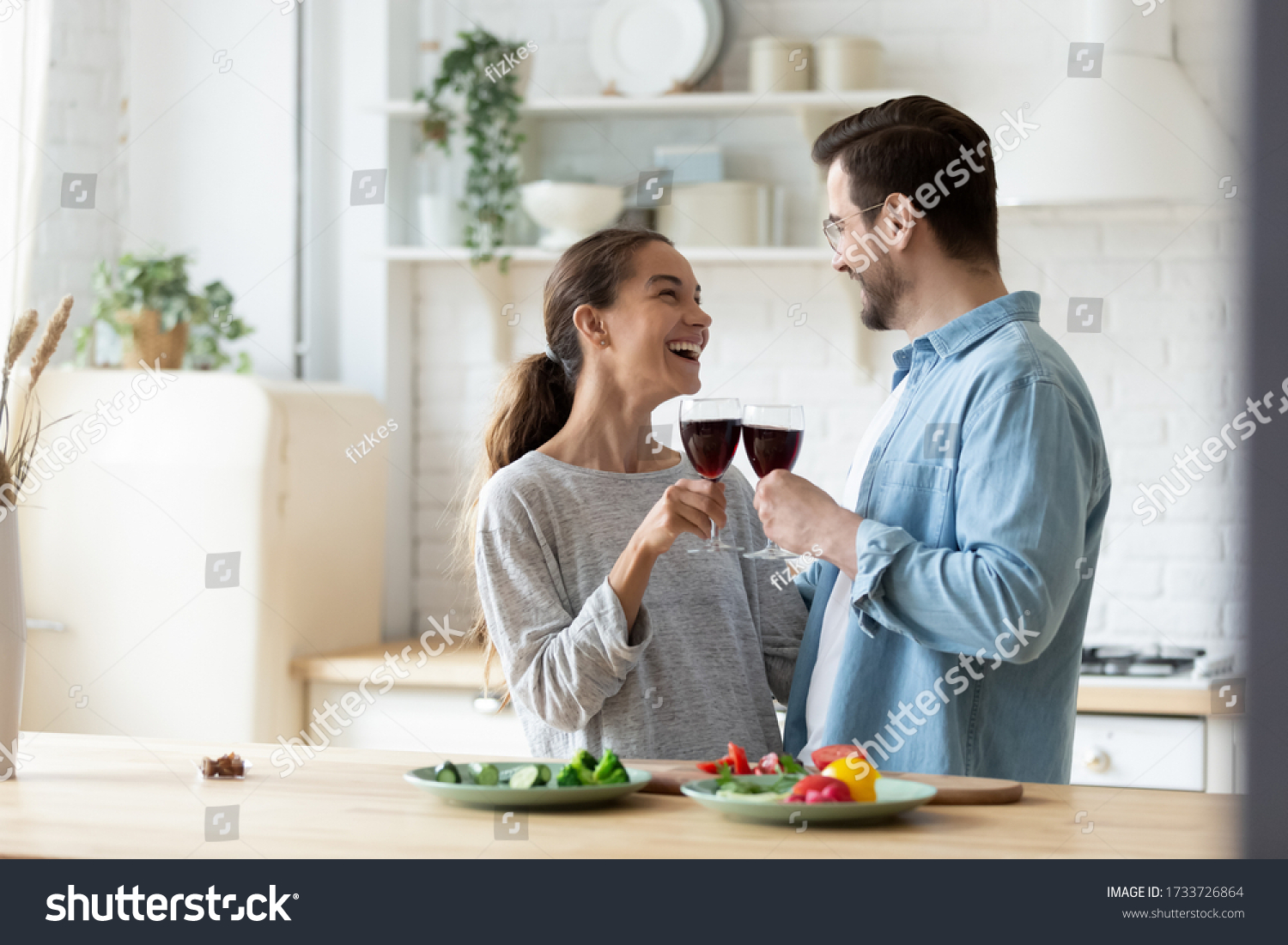 Overjoyed Young Husband Wife Cling Glasses Stock Photo (Edit Now ...