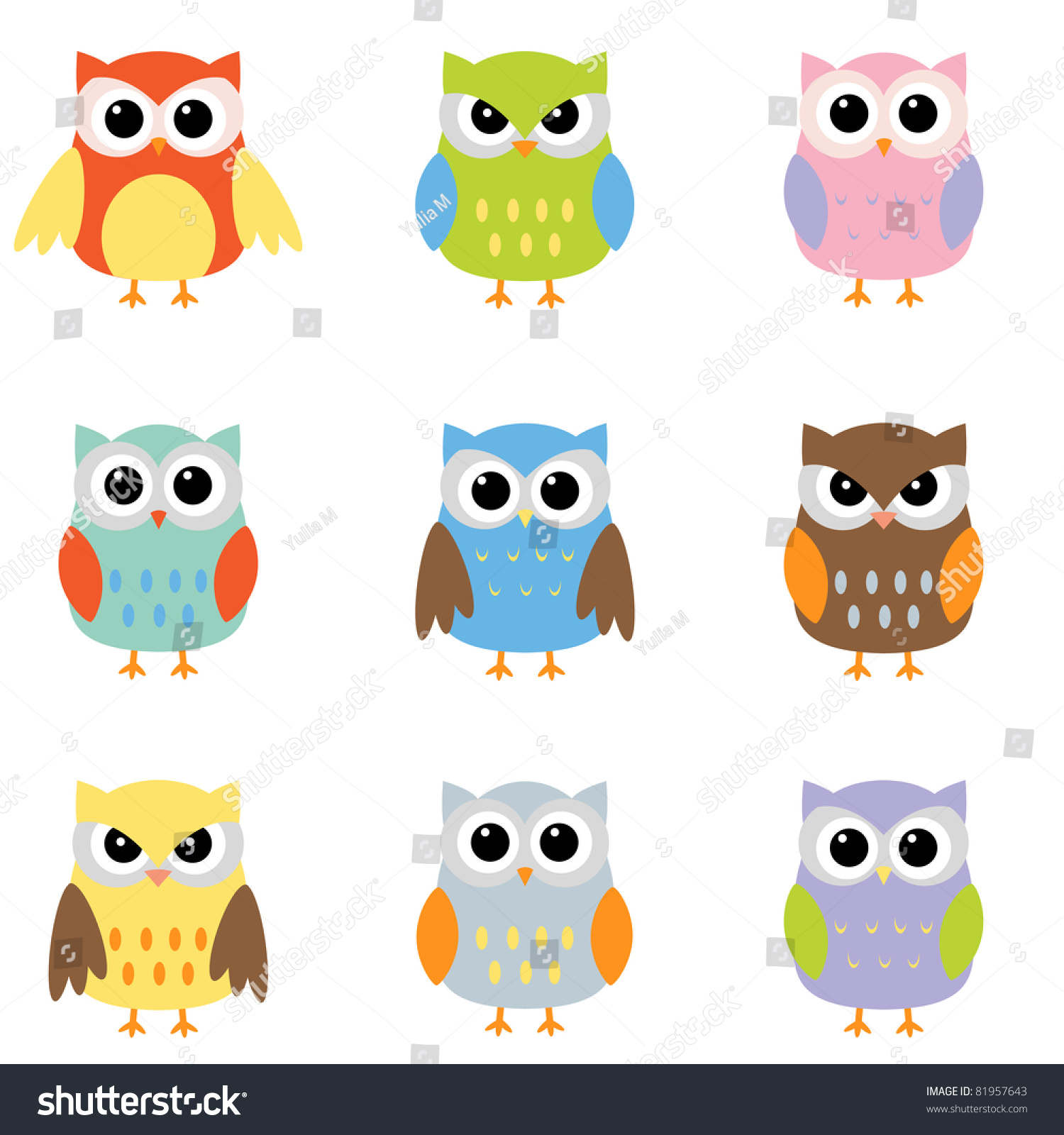 Owls With Nine Color Combinations. Raster Version. Stock Photo 81957643 ...