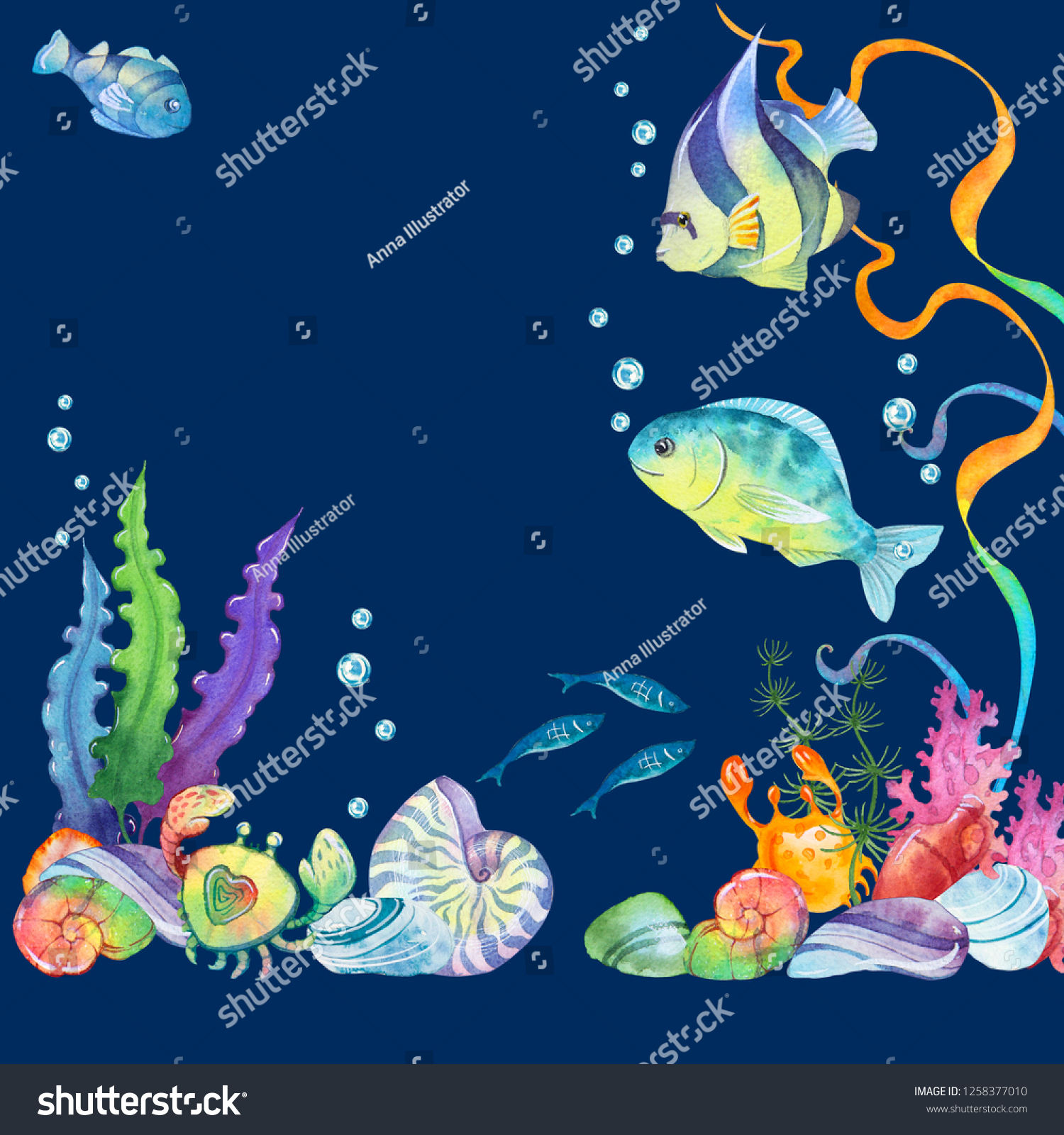 Painted Watercolor Illustration Coral Reef Underwater Stock Illustration 1258377010