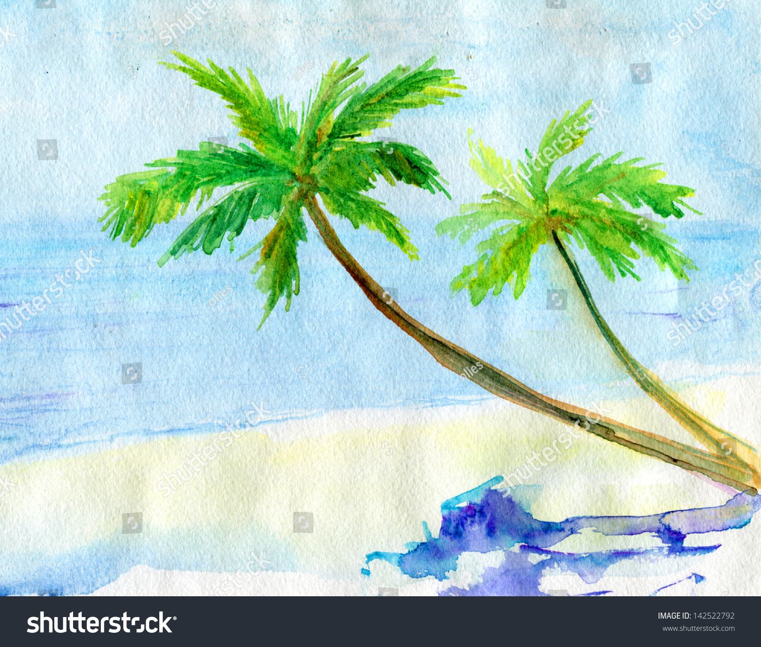 Painted Watercolor Tropical Landscape Palm Tree Stock Illustration ...