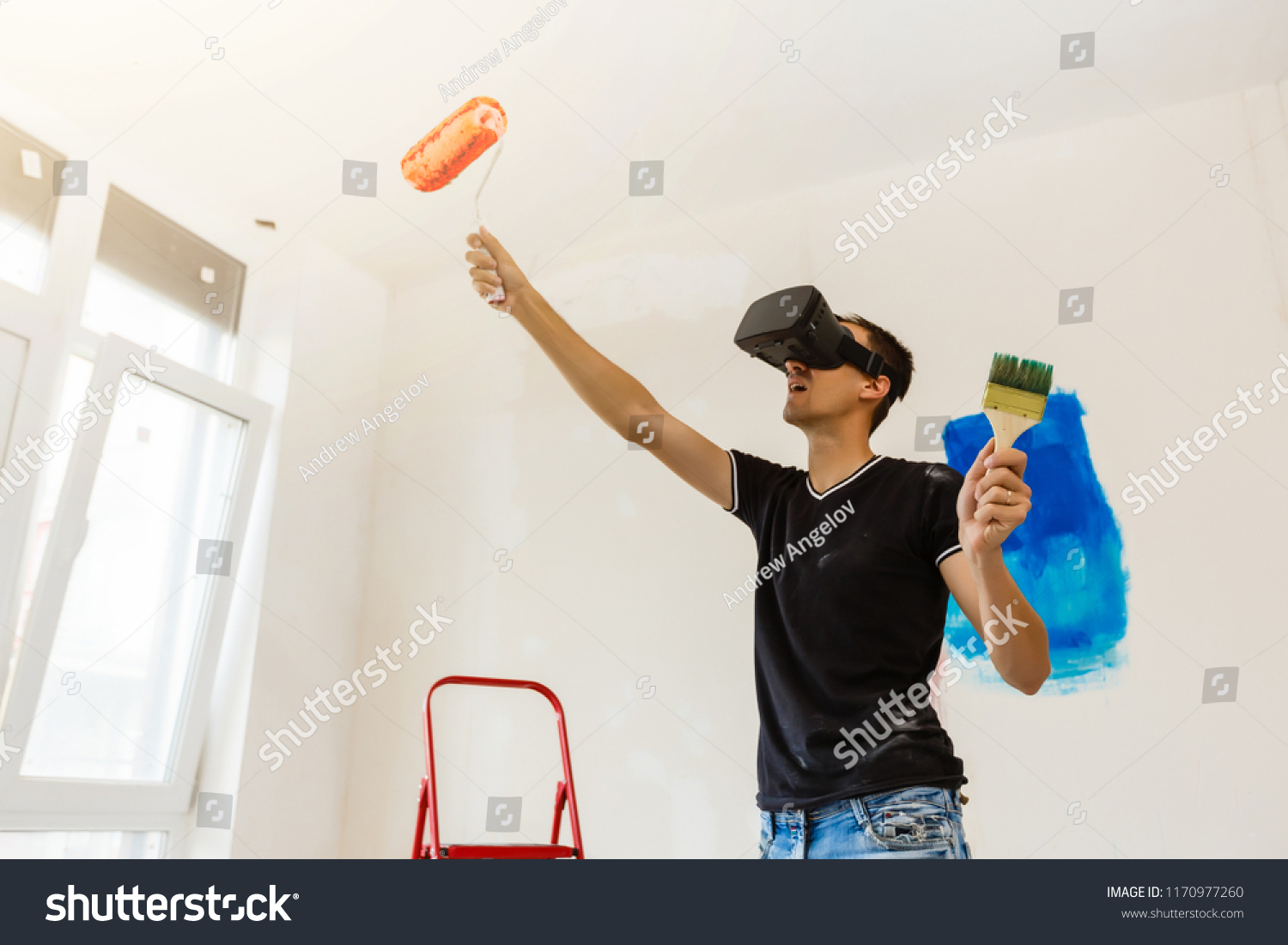 Painter Contractor Working Virtual Reality Goggles Stock