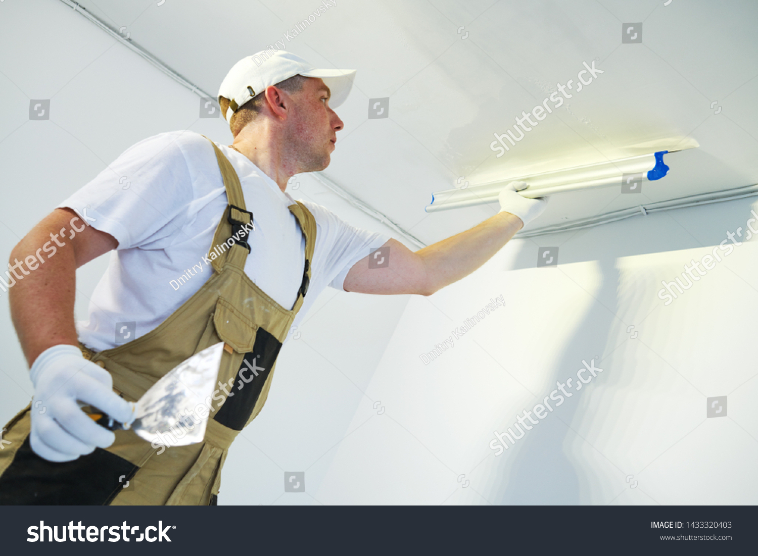 Painter Putty Knife Plasterer Smoothing Ceiling Stock Photo Edit