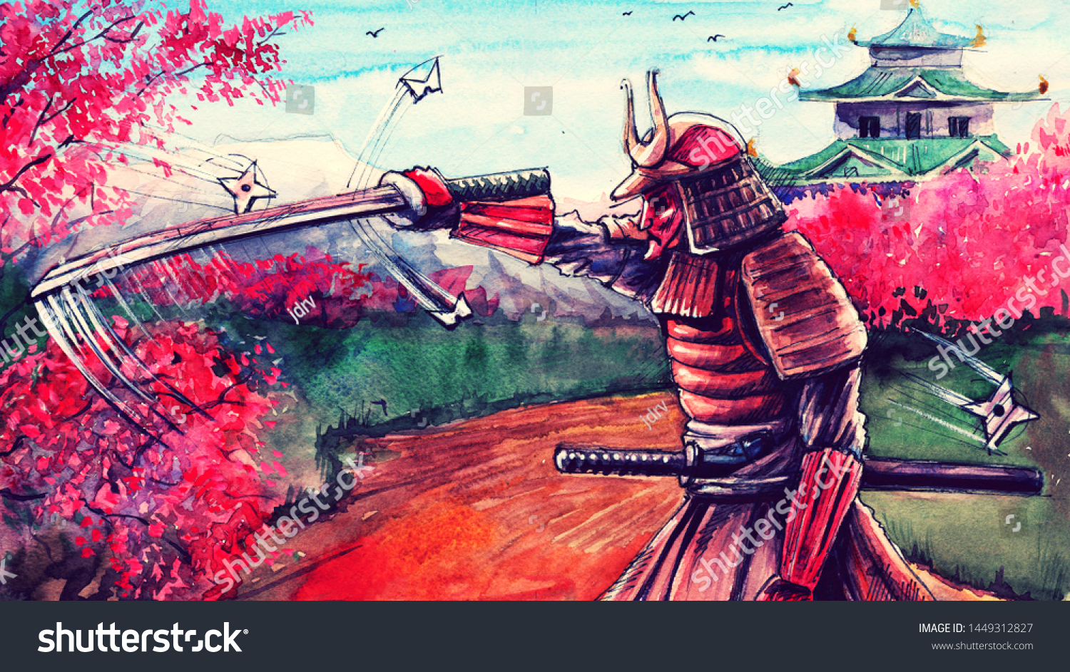 Hakuun Painting Fantasy Japanese Watercolor Landscape Samurai Liittyva Kuvituskuva 1449312827