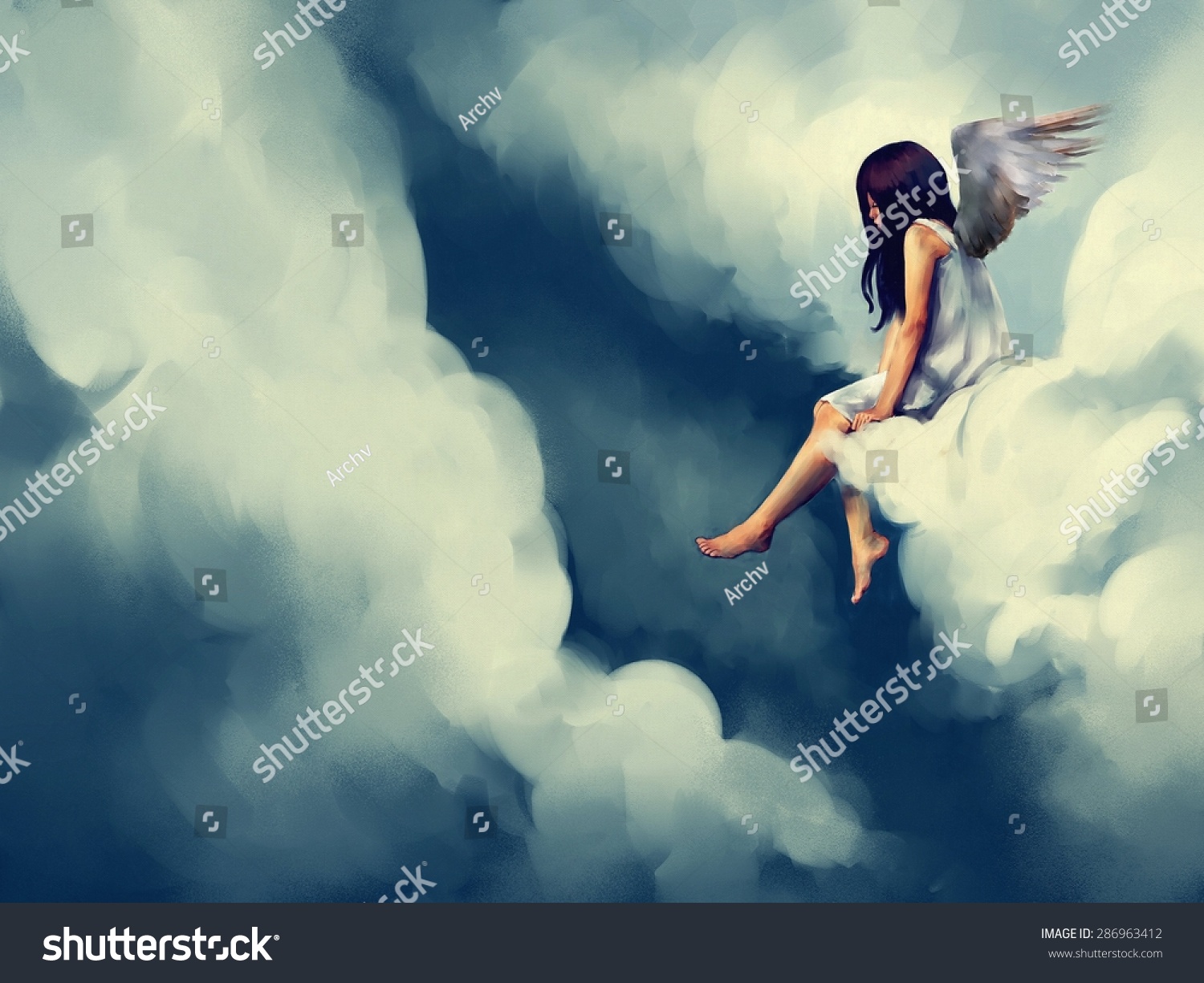 雲の上に座る美しい天使の絵 のイラスト素材