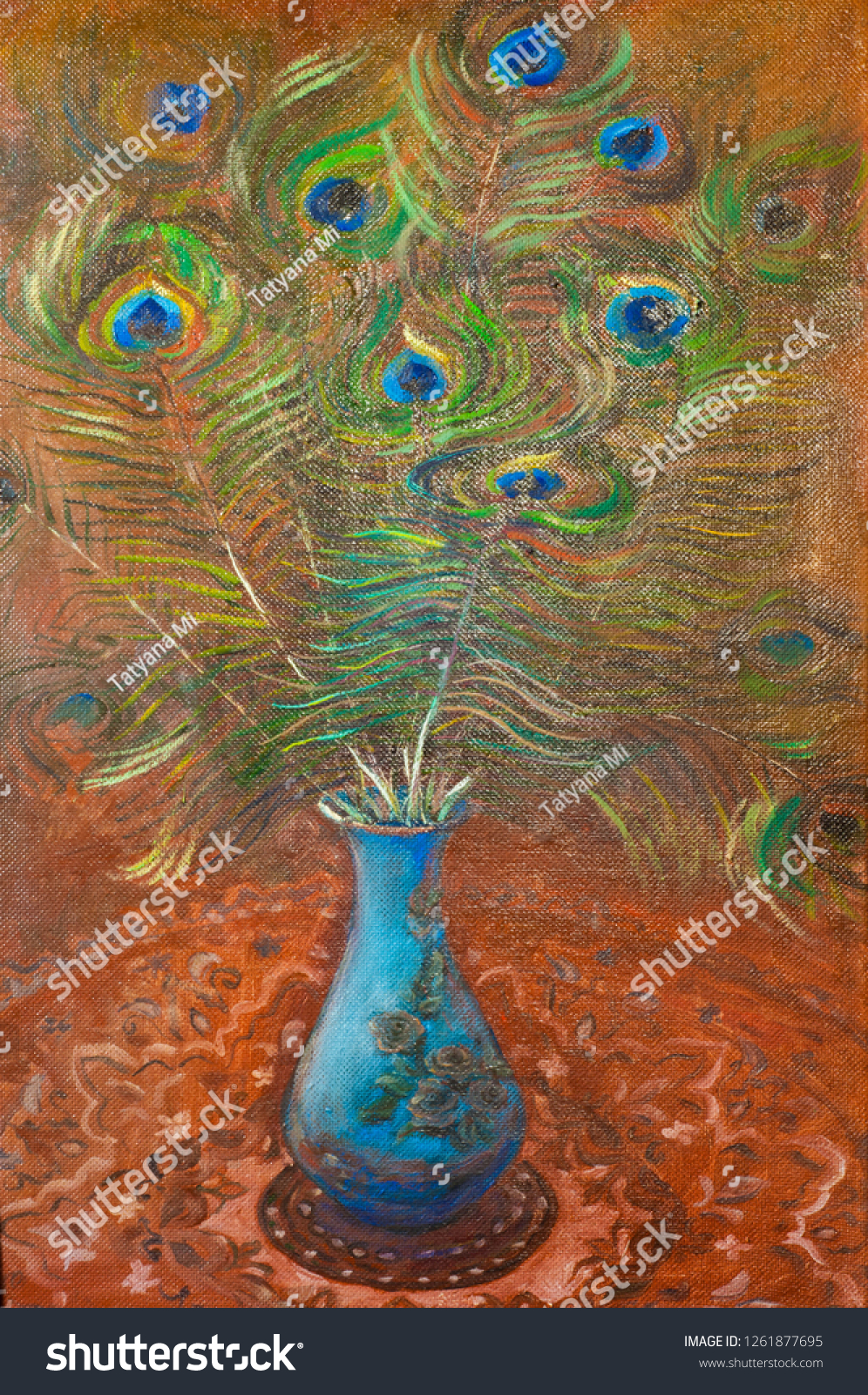 Painting Artists Canvas Peacock Feathers Vase Stock Illustration