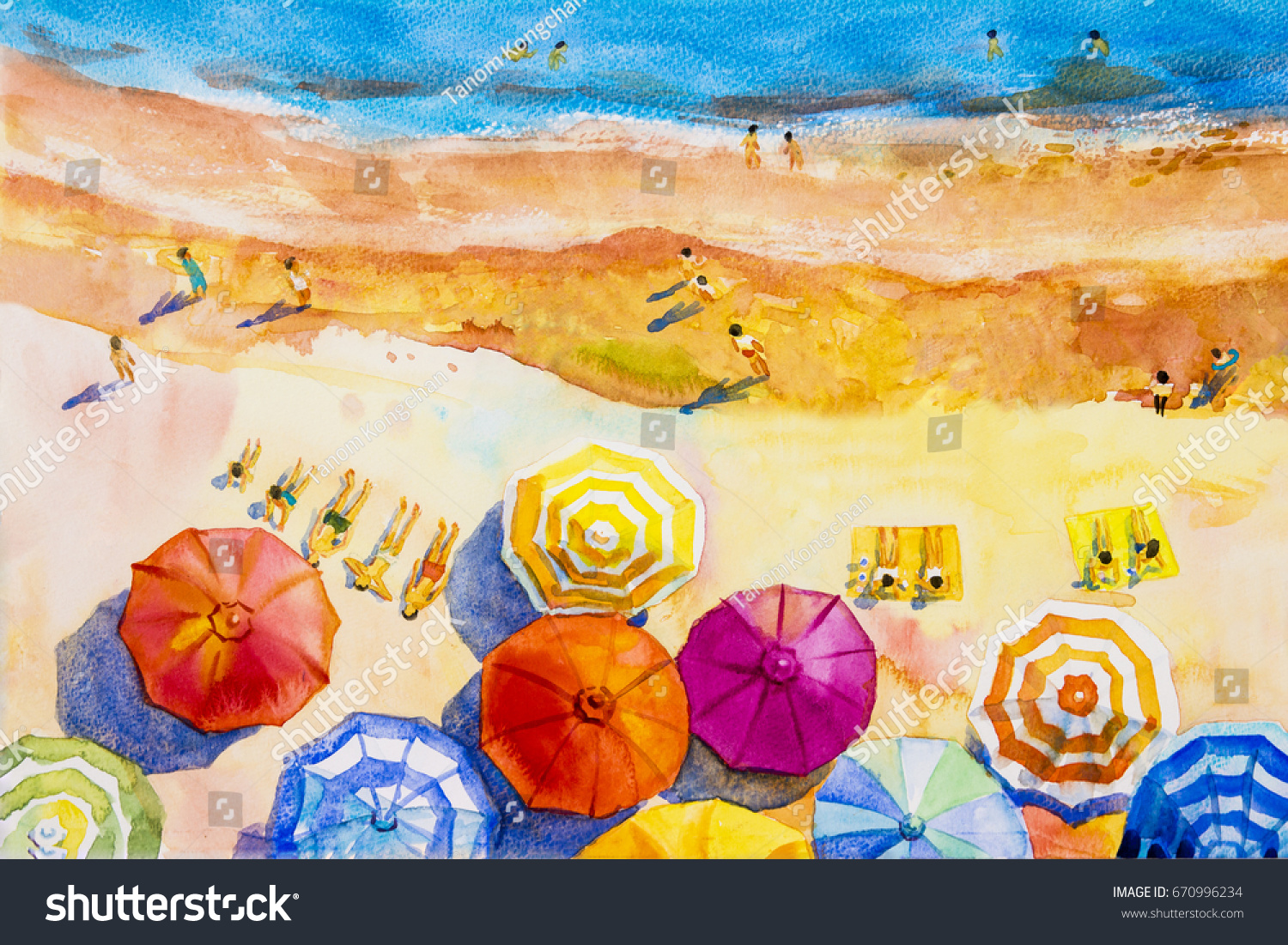 水彩の海景を描くトップビュー夏の中で 恋人 家族の休暇 観光がカラフルに見え 多彩色の傘 海波の青の背景 ペイントされた印象派 抽象的なイラスト の イラスト素材