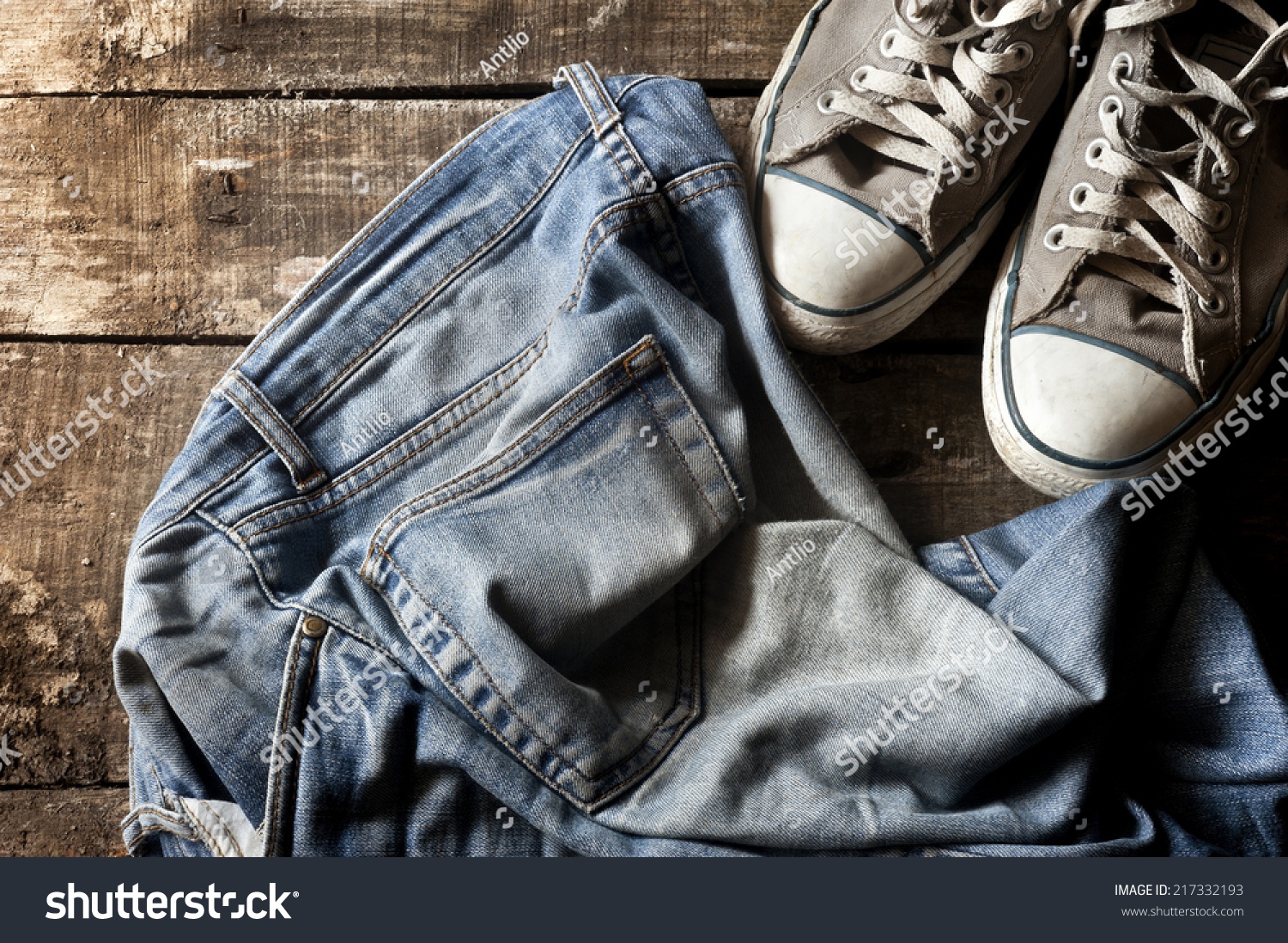 Pair Dirty Jeans Thrown On Floor Stock Photo (Edit Now) 217332193