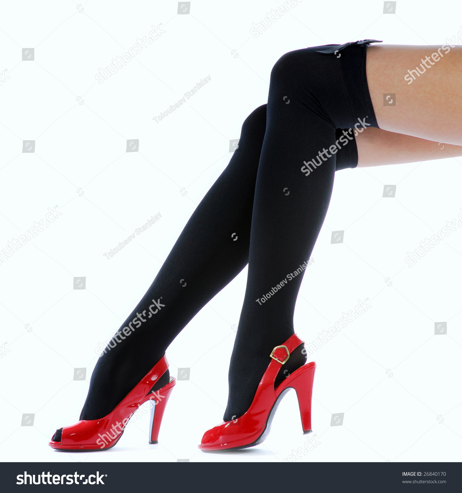 Pair Of Legs In Black Stockings And Red Shoes Stock Photo 26840170 ...