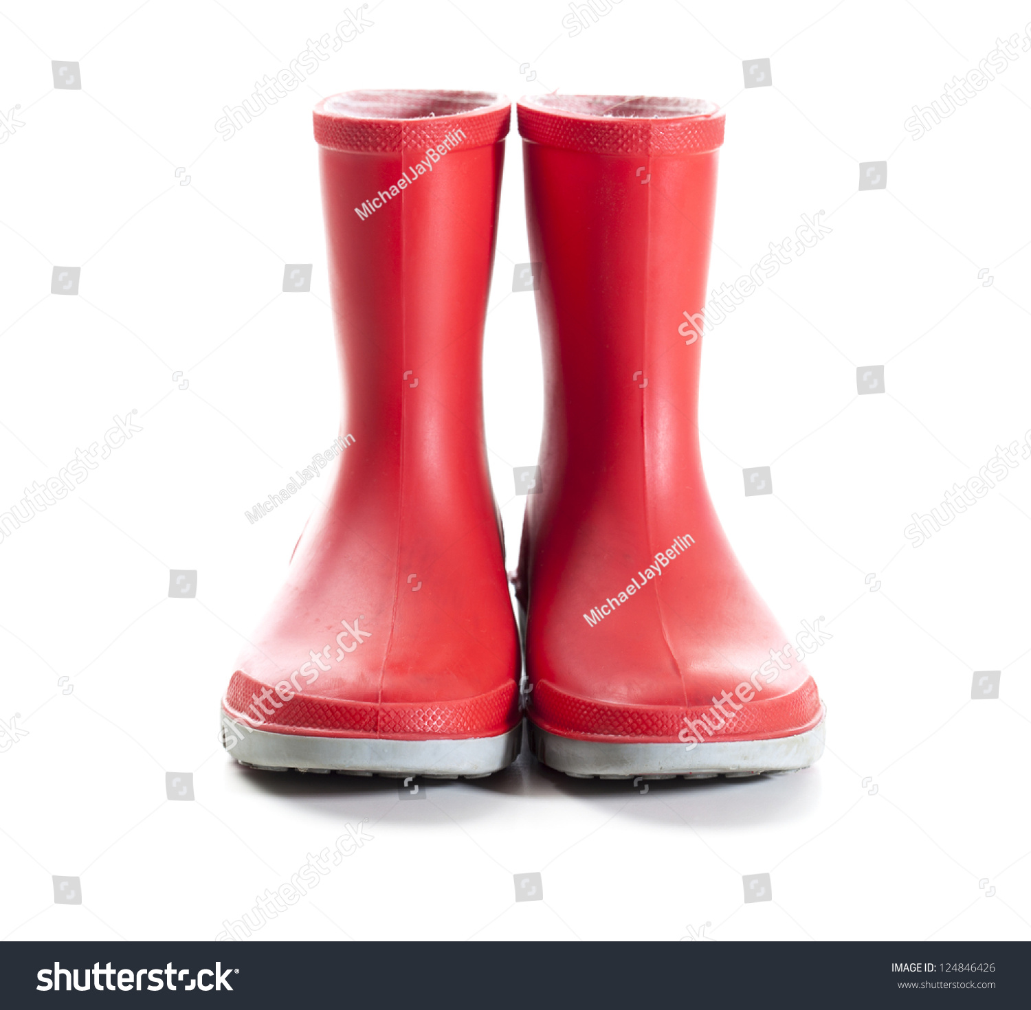 Pair Of Red Wellies In Kids Size. Front View. Studio Shot, Isolated On ...