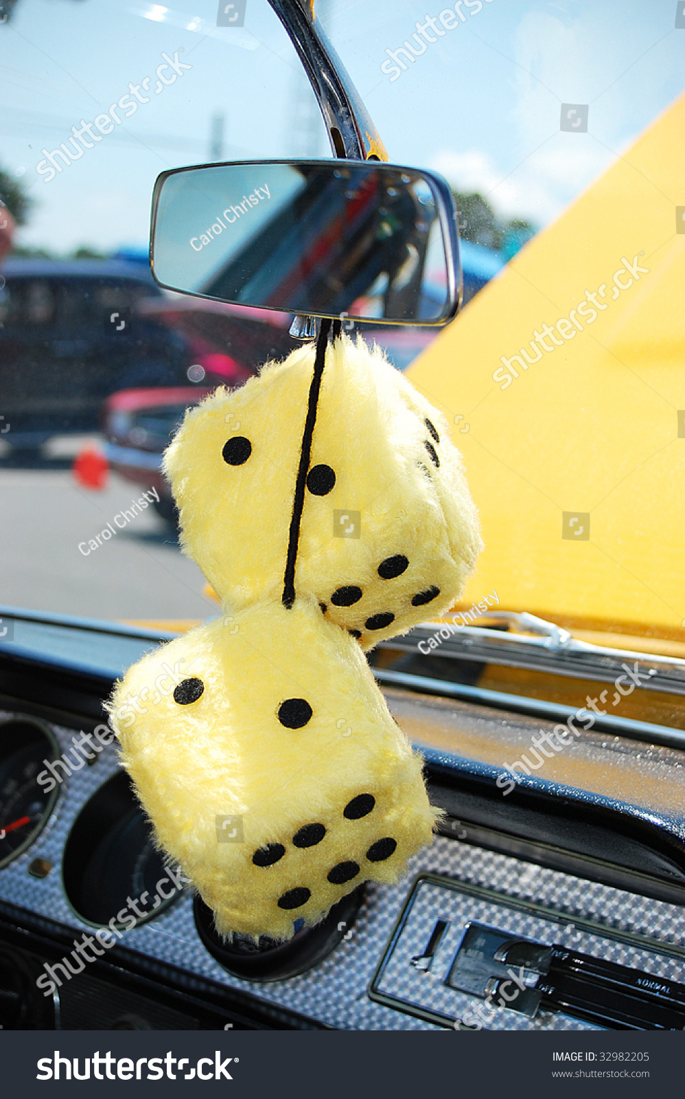 Pair Yellow Fuzzy Dice Hanging Mirror Stock Photo Edit Now 32982205