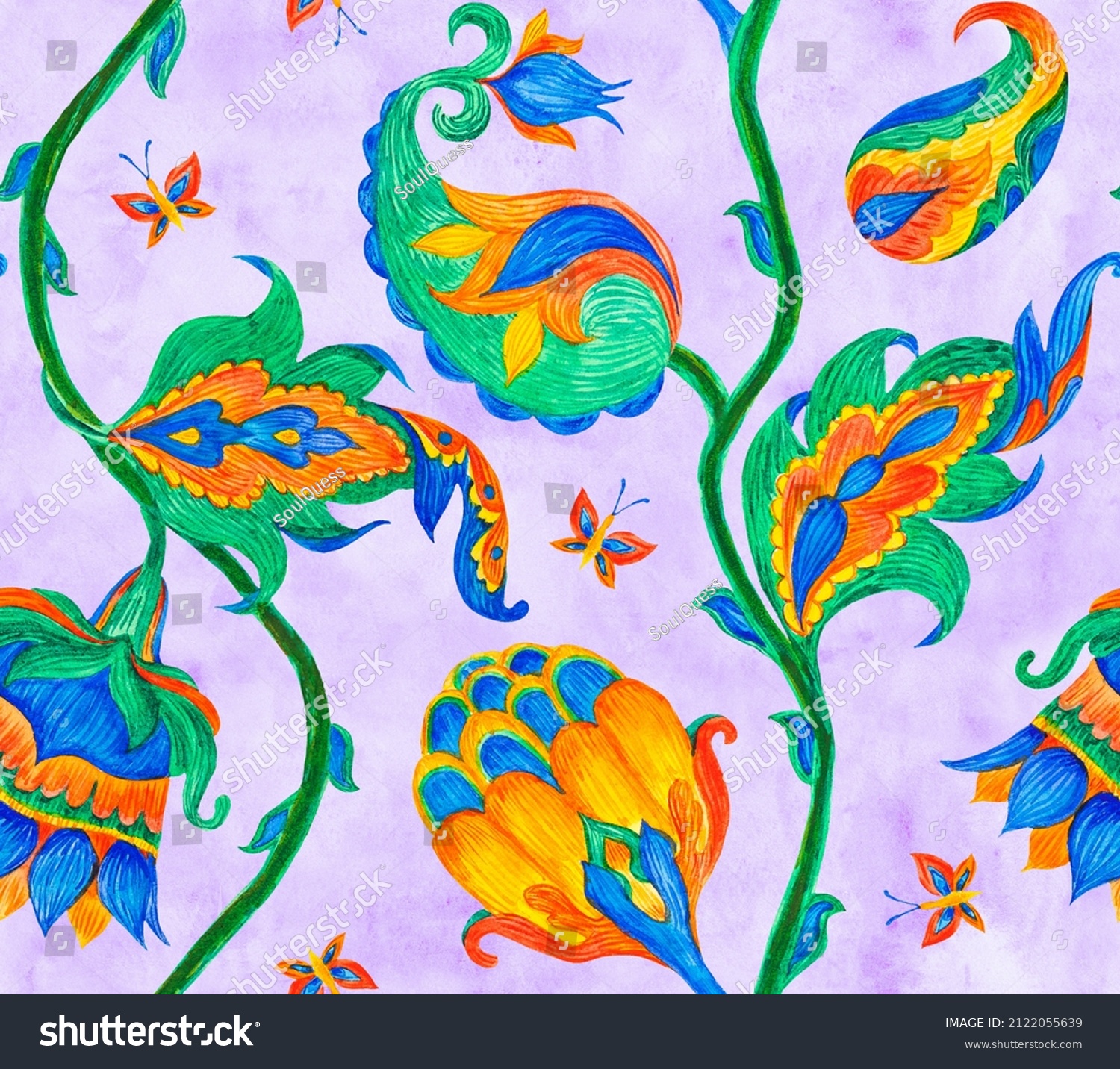 Paisley Watercolor Floral Pattern Jacobean Floral Stock Illustration ...