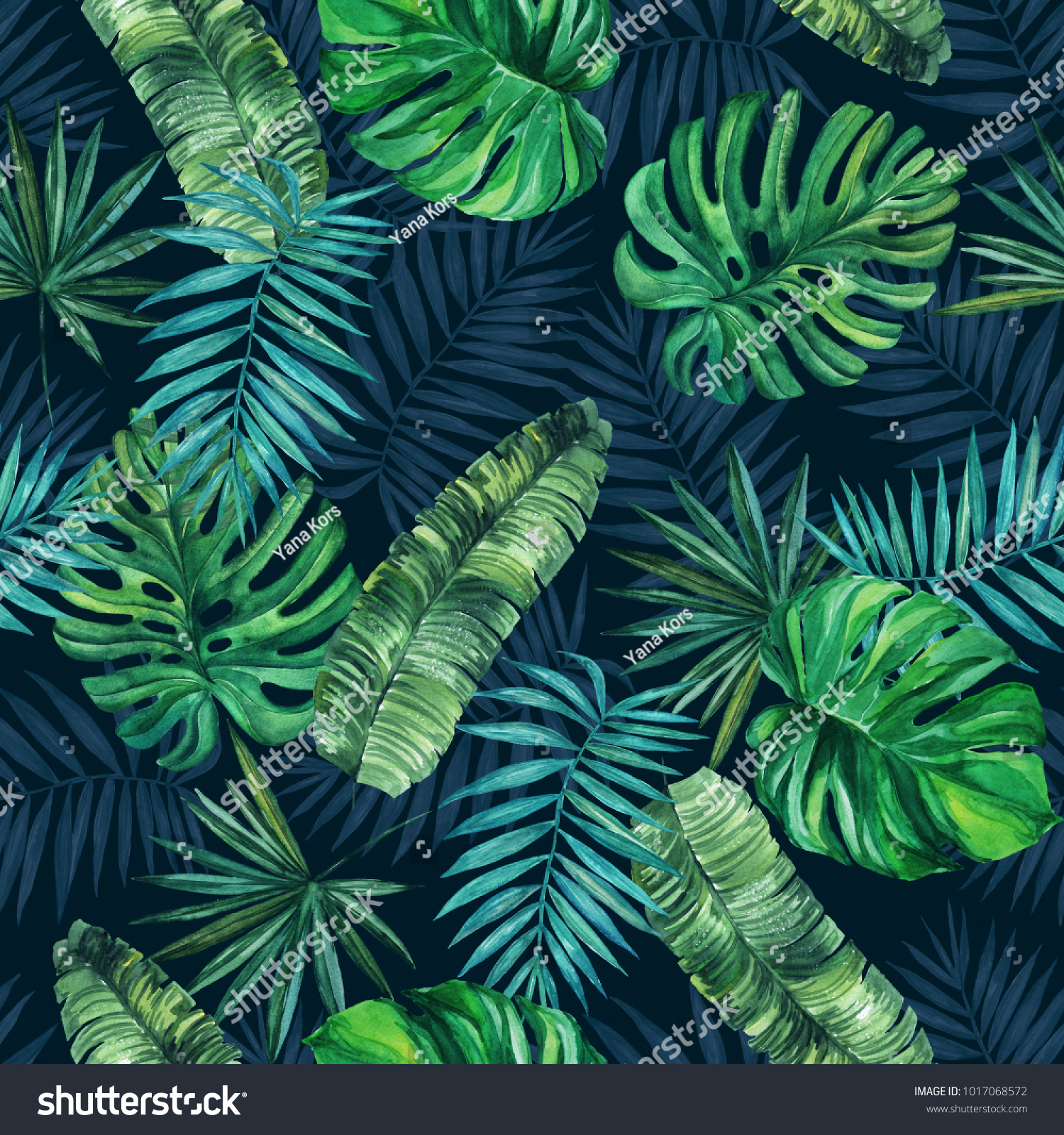 青の背景にヤシの葉 水彩画 シームレスなパターン 壁紙 布地 包装 ファッション用 のイラスト素材